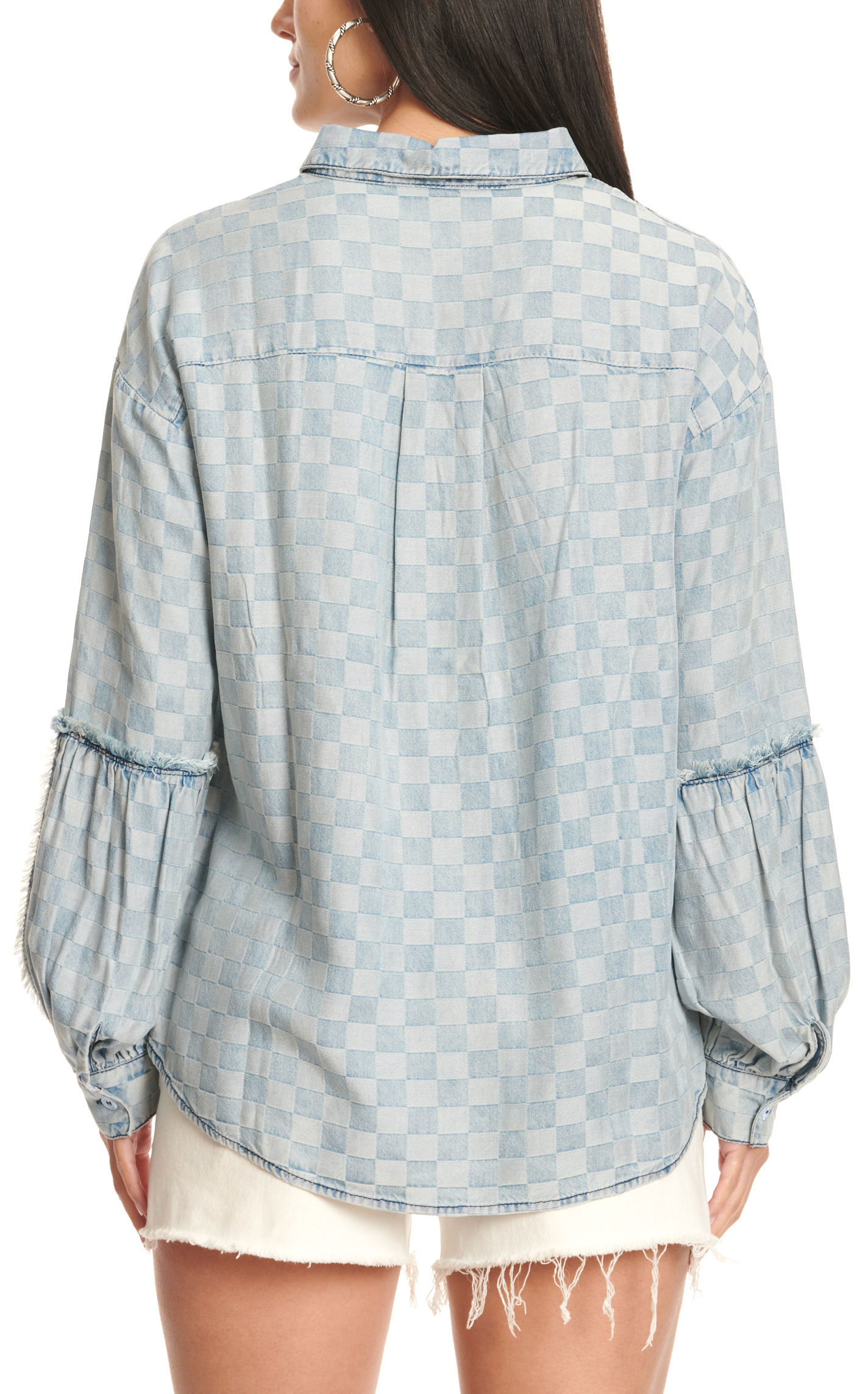 MAZIK Women's Faded Light Wash Denim Checkered & Distressed Top - Image 1