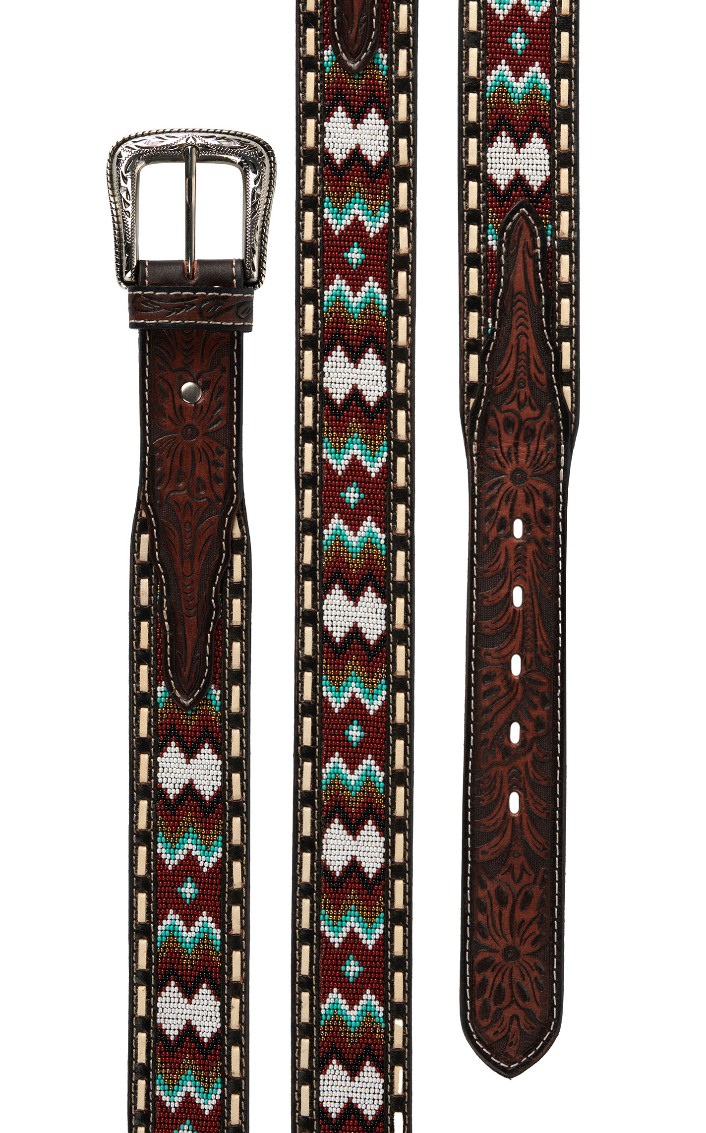 Ariat Men's Tooled Floral Leather and Multi-Color Aztec Beaded Western Belt - Image 1