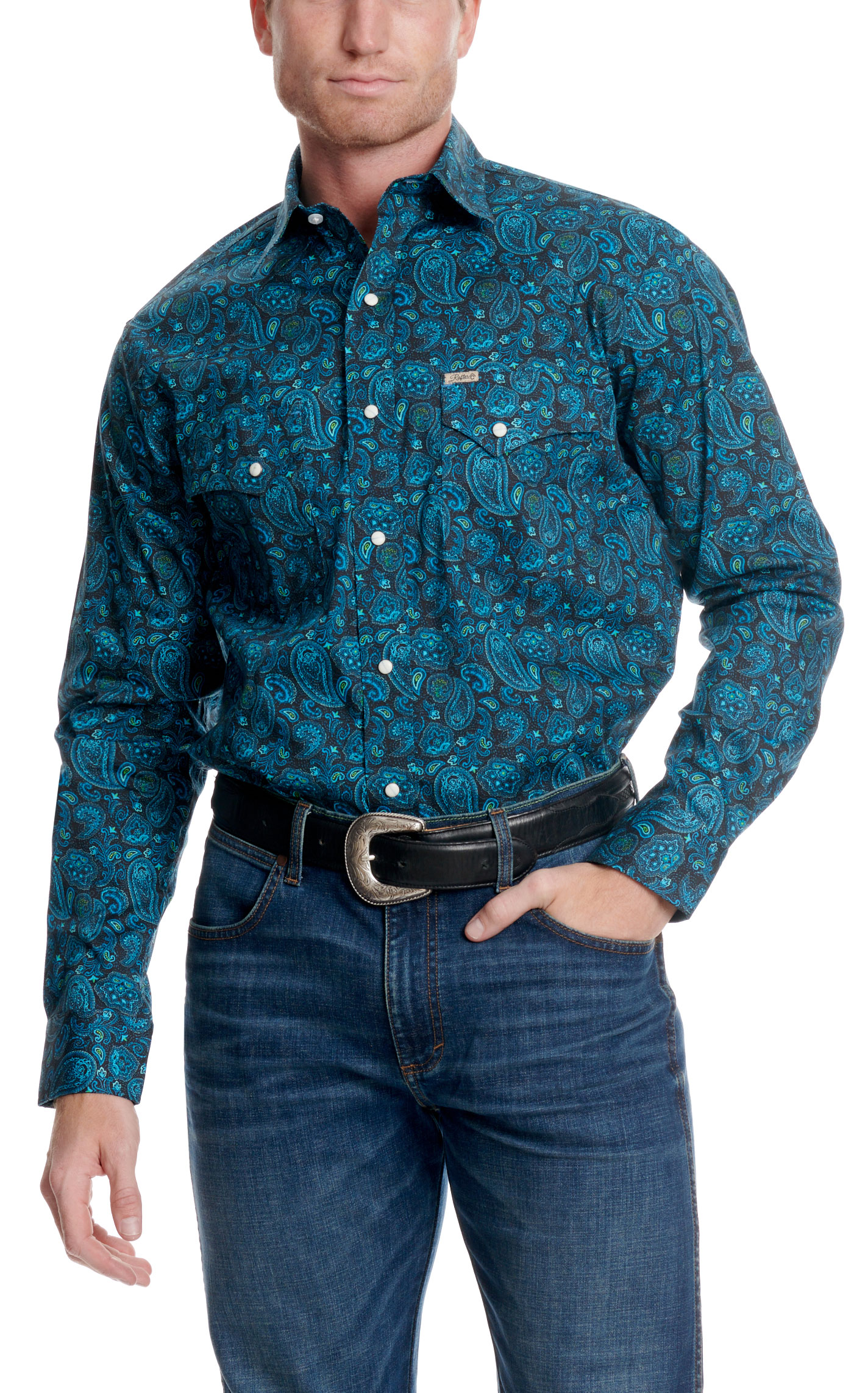 Rafter C Men's ProFlex45 Black & Turquoise Paisley Western Shirt - Image 1