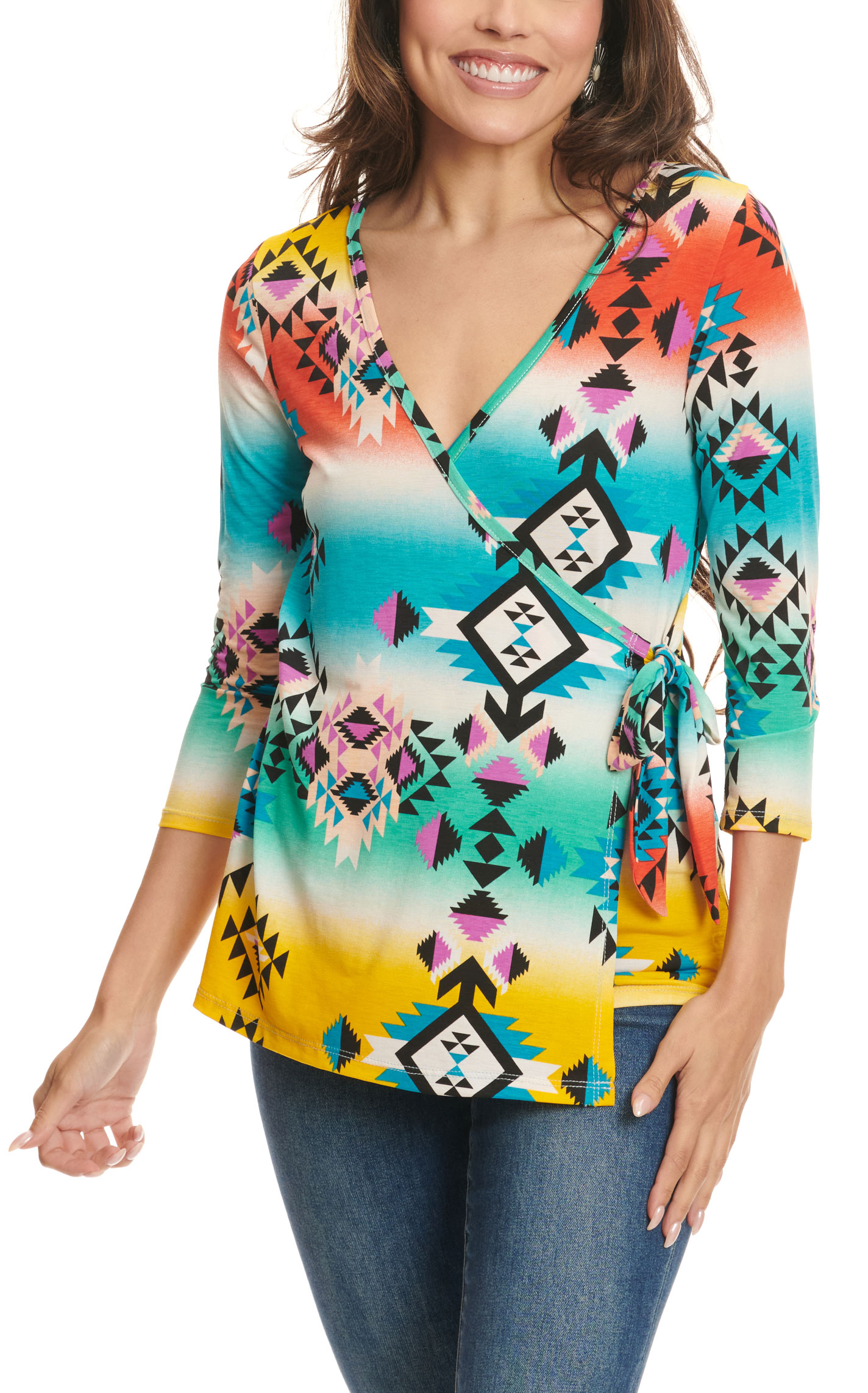 R.Rouge Women's Bright Multi-Color Aztec Long Sleeve Surplus Top  - Image 1