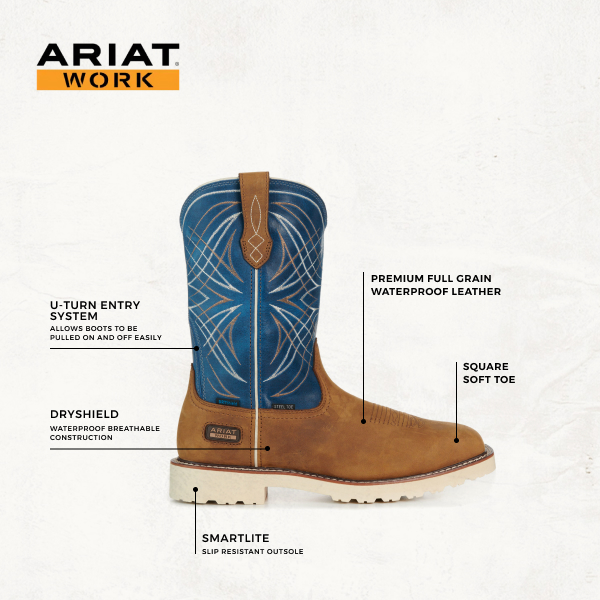 Ariat Men’s Activator Brown and Blue Waterproof Wide Square Soft Toe Work Boots - Image 1