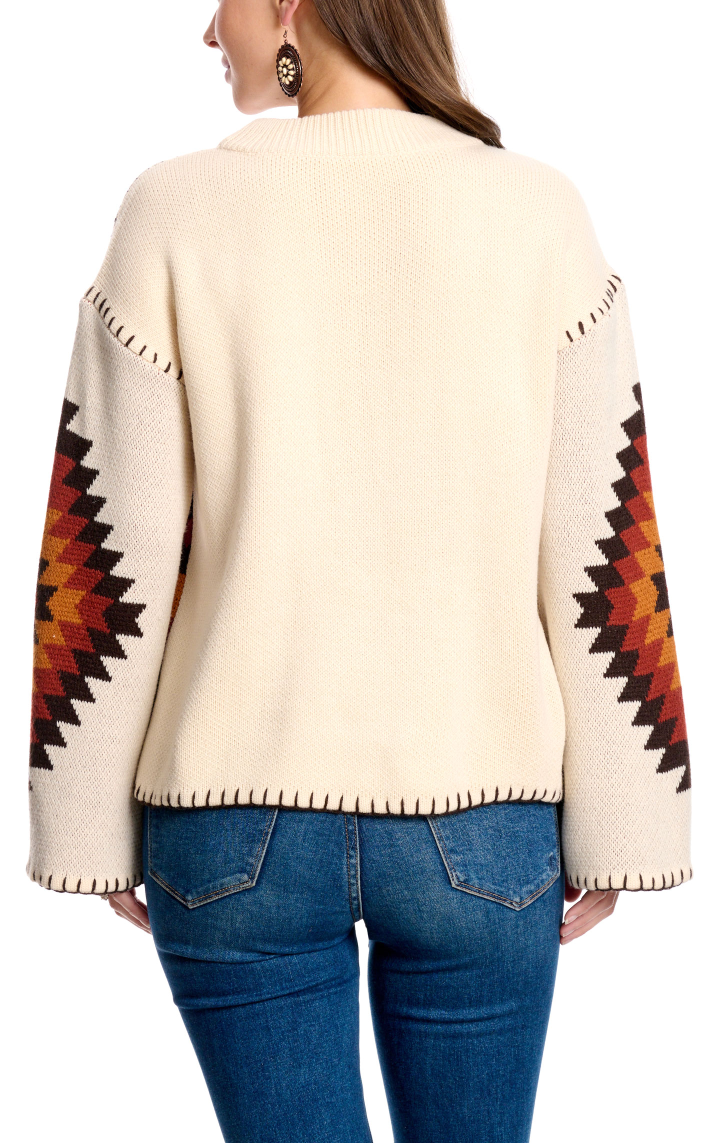 Rockin C Women's Oatmeal & Sunset Aztec Whipstitch Sweater - Image 1