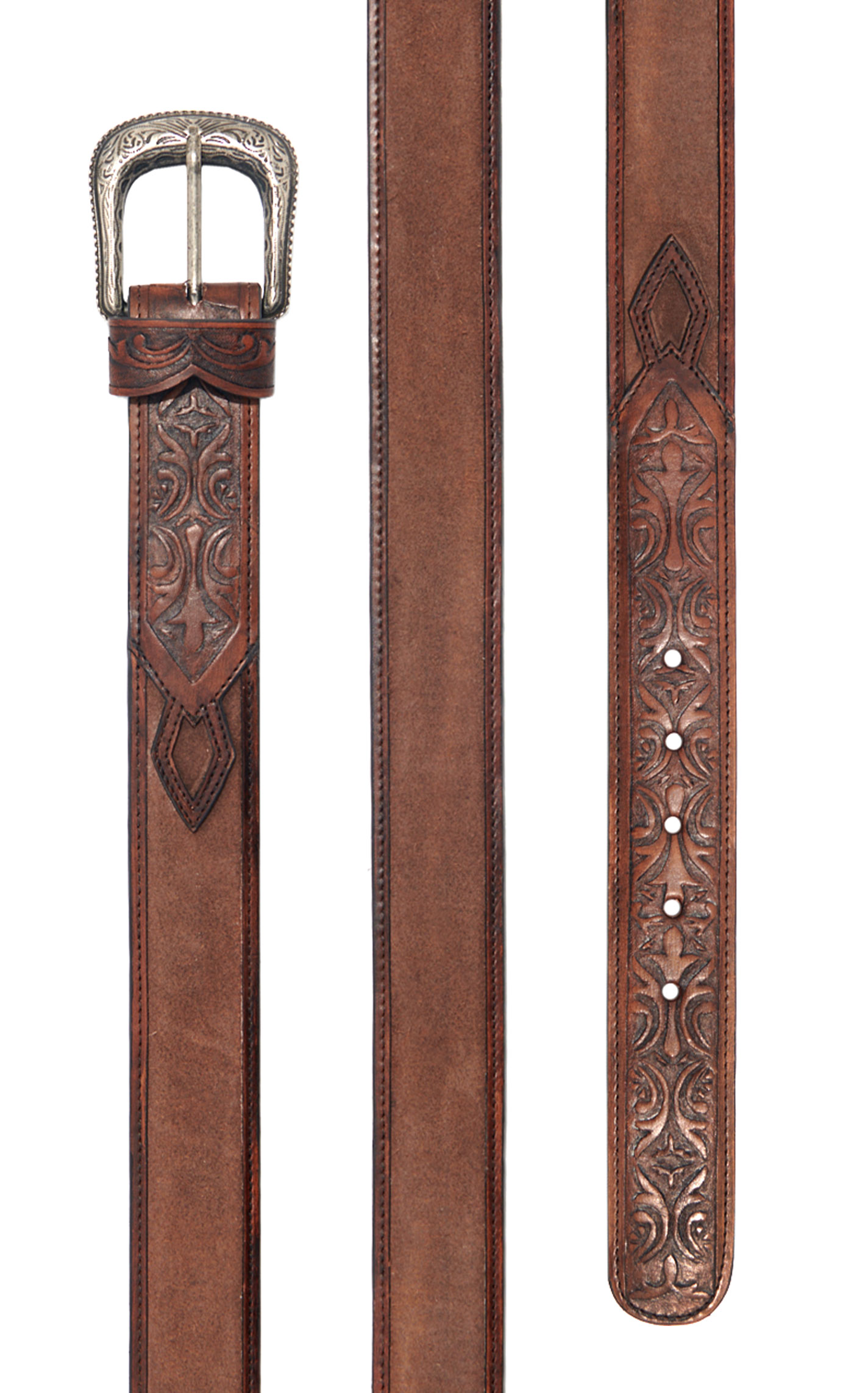 Cavender's Men's Medium Brown Embossed Leather & Chocolate Suede Inlay Belt - Image 1