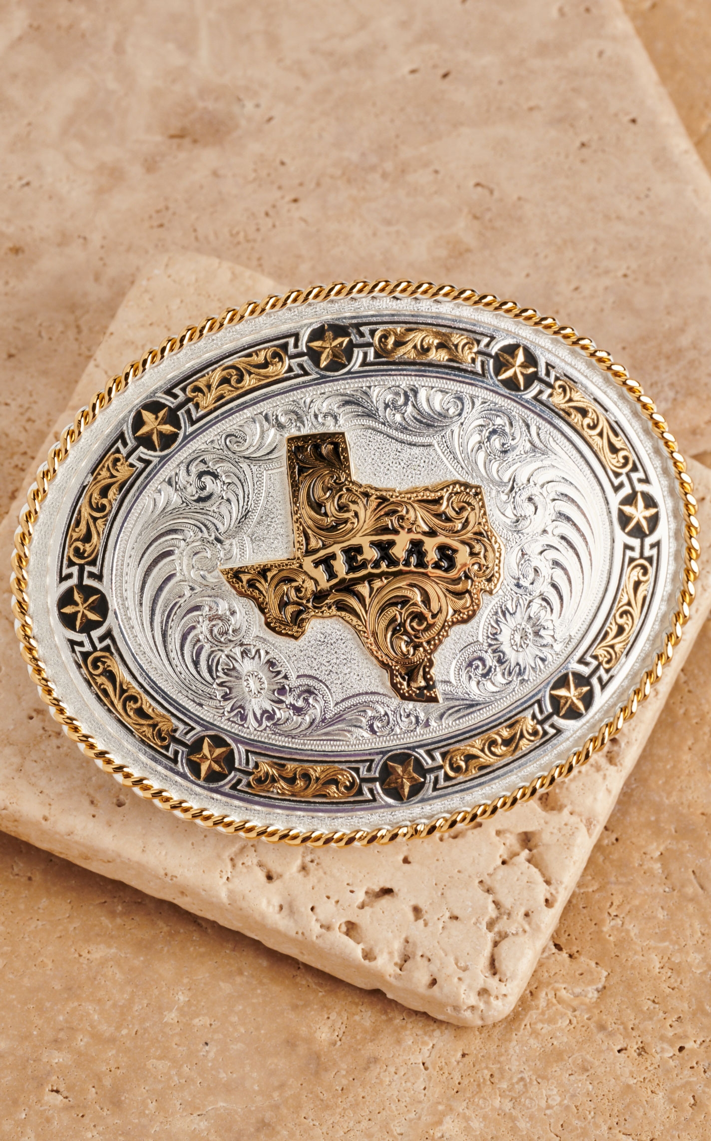 Montana Silversmiths Medium Oval Texas with Stars Belt Buckle - Image 1