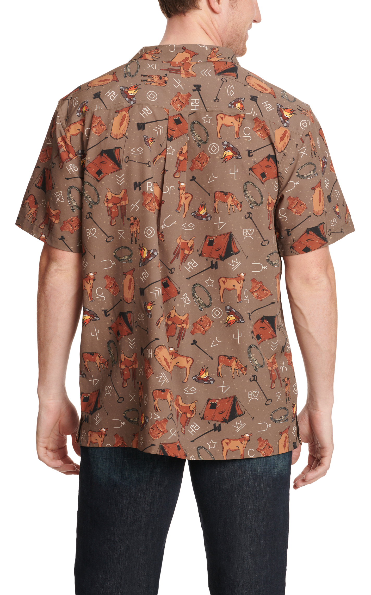 Cinch Men's Chocolate Western Brands & Calf Print Short Sleeve Camp Shirt  - Image 1