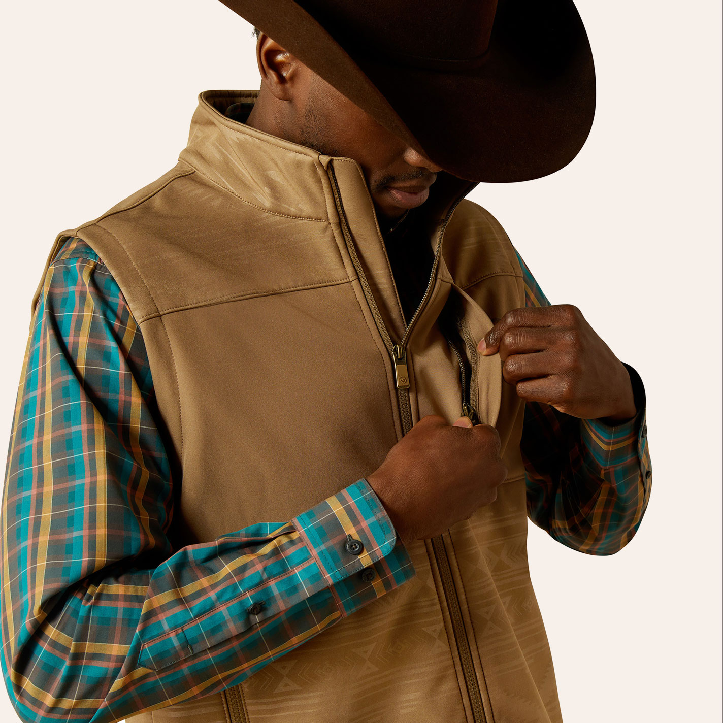 Ariat Men's Vernon Khaki Aztec Print Softshell Vest - Image 1