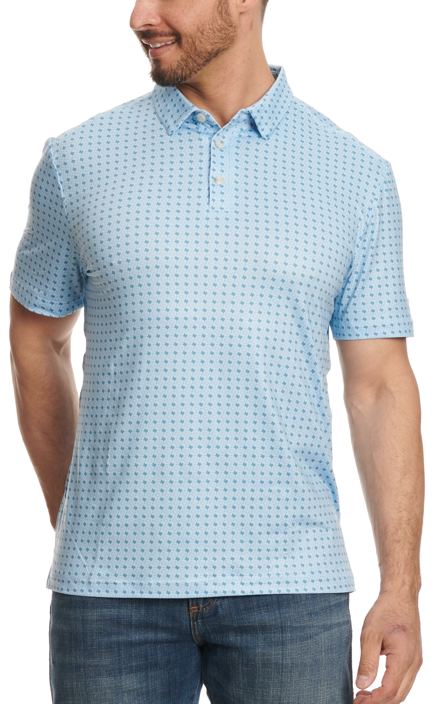BURLEBO Men's Light Blue & Green Texas Print Performance Polo - Image 1