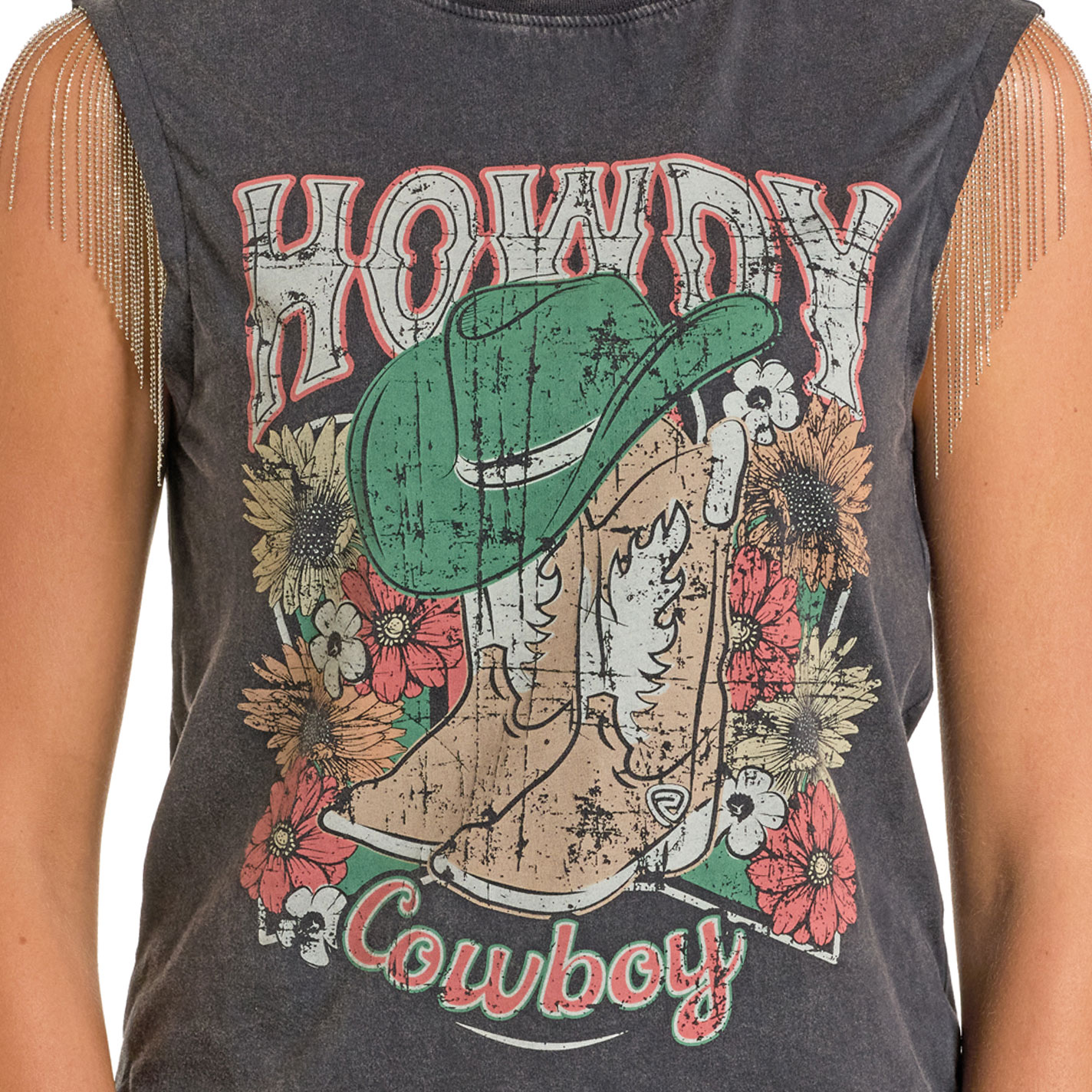 Rock & Roll Denim Women's Gray Howdy Graphic Fringe Tank Top  - Image 3