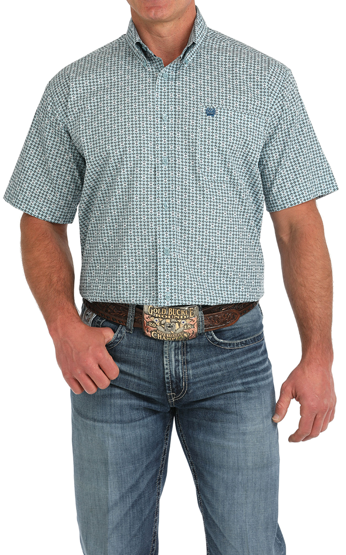 Cinch Men's Sea Green & Teal Geo Western Shirt - Image 1