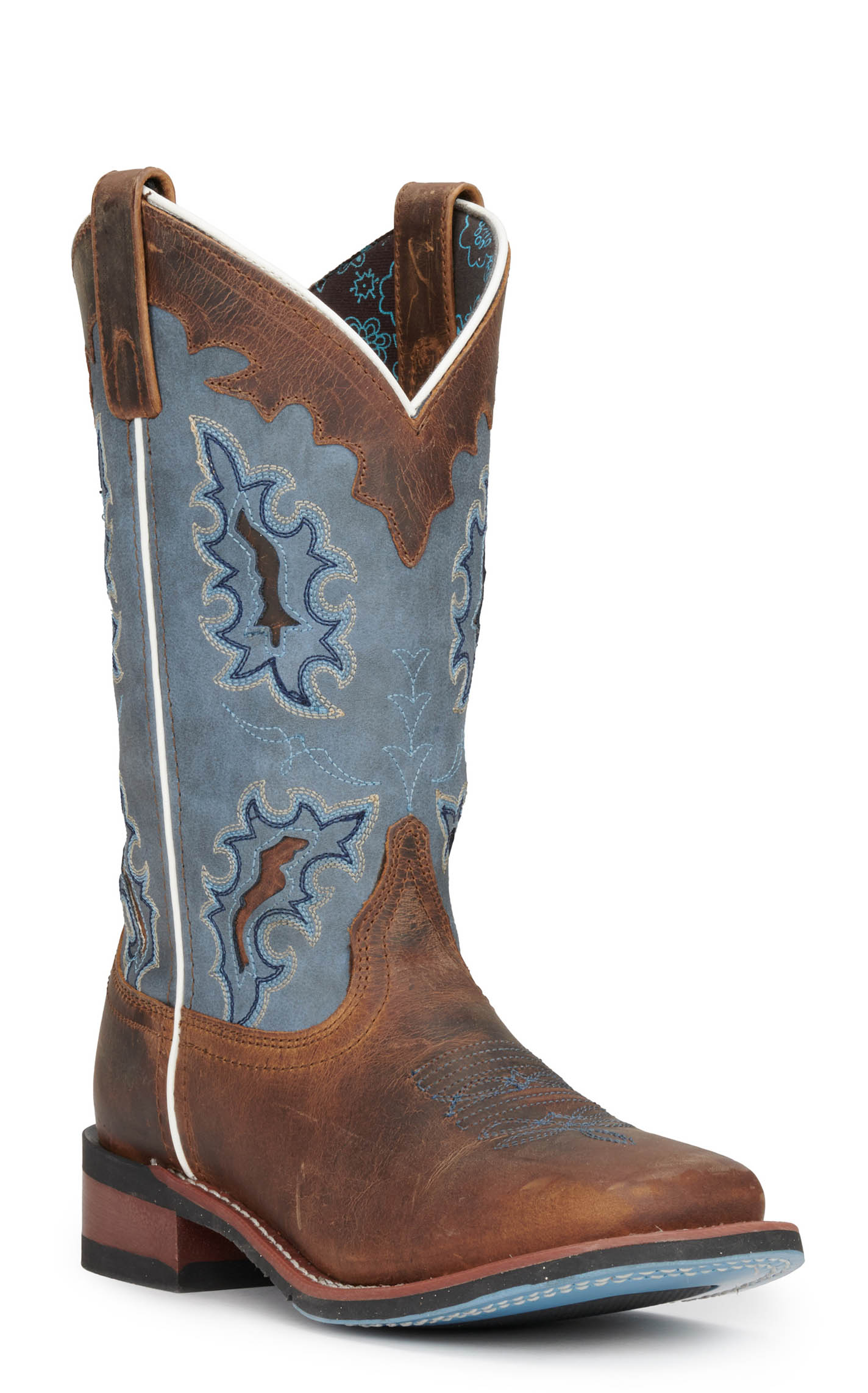 Laredo Women's Isla Tan Distressed Leather with Blue Denim Top Square Toe Cowboy Boots - Image 1