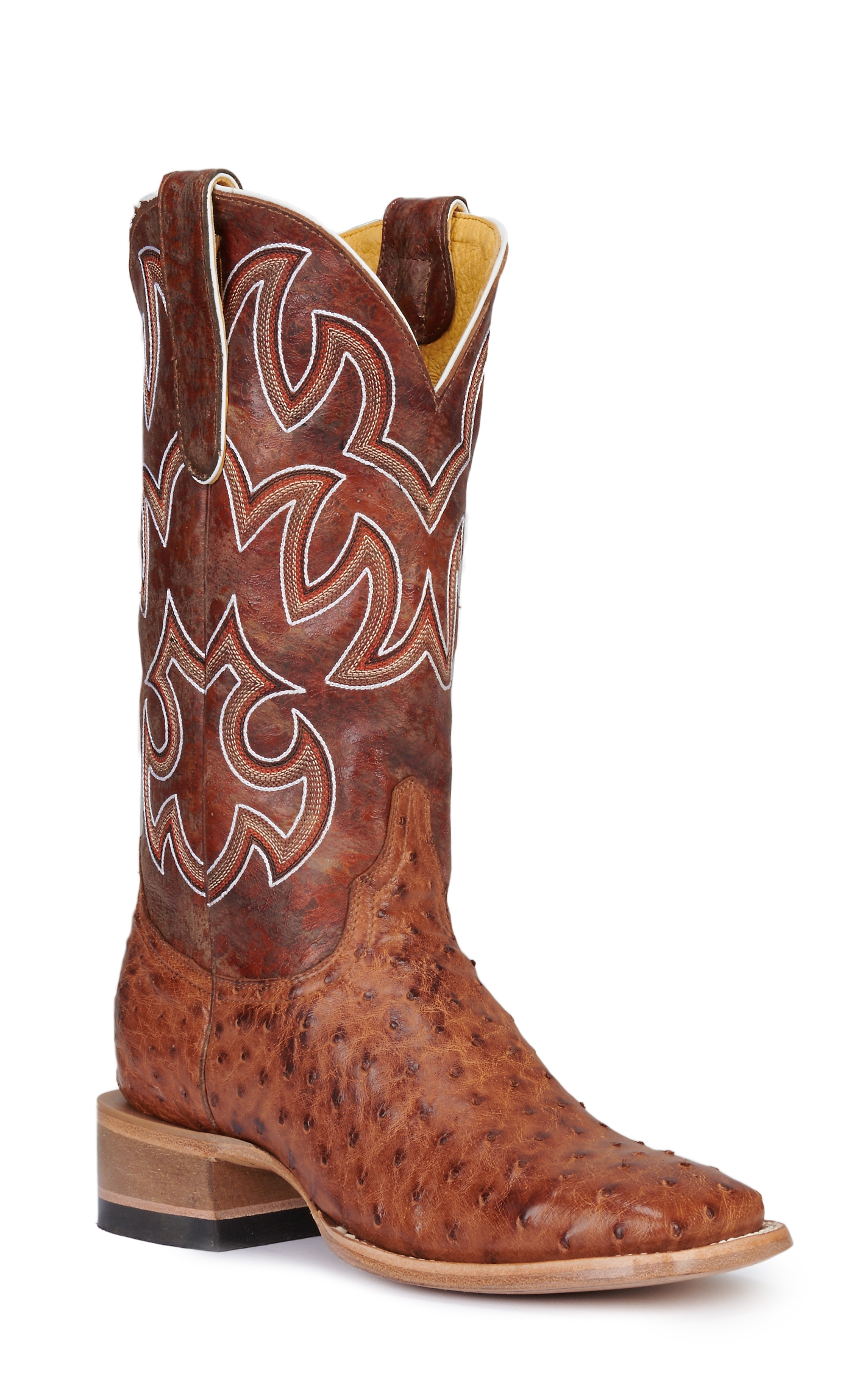 Cavender’s Women’s Honey Goat Leather and Cognac Full Quill Ostrich Exotic Wide Square Toe Cowboy Boots - Image 1