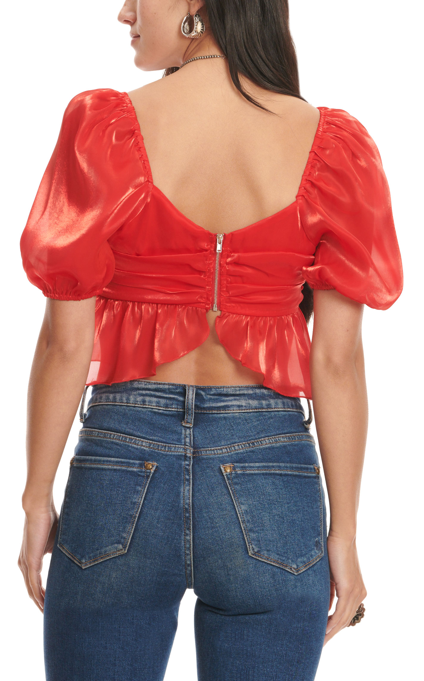 Day + Moon Women's Satin Red Short Puff Sleeve Ruffle Cropped Top - Image 1