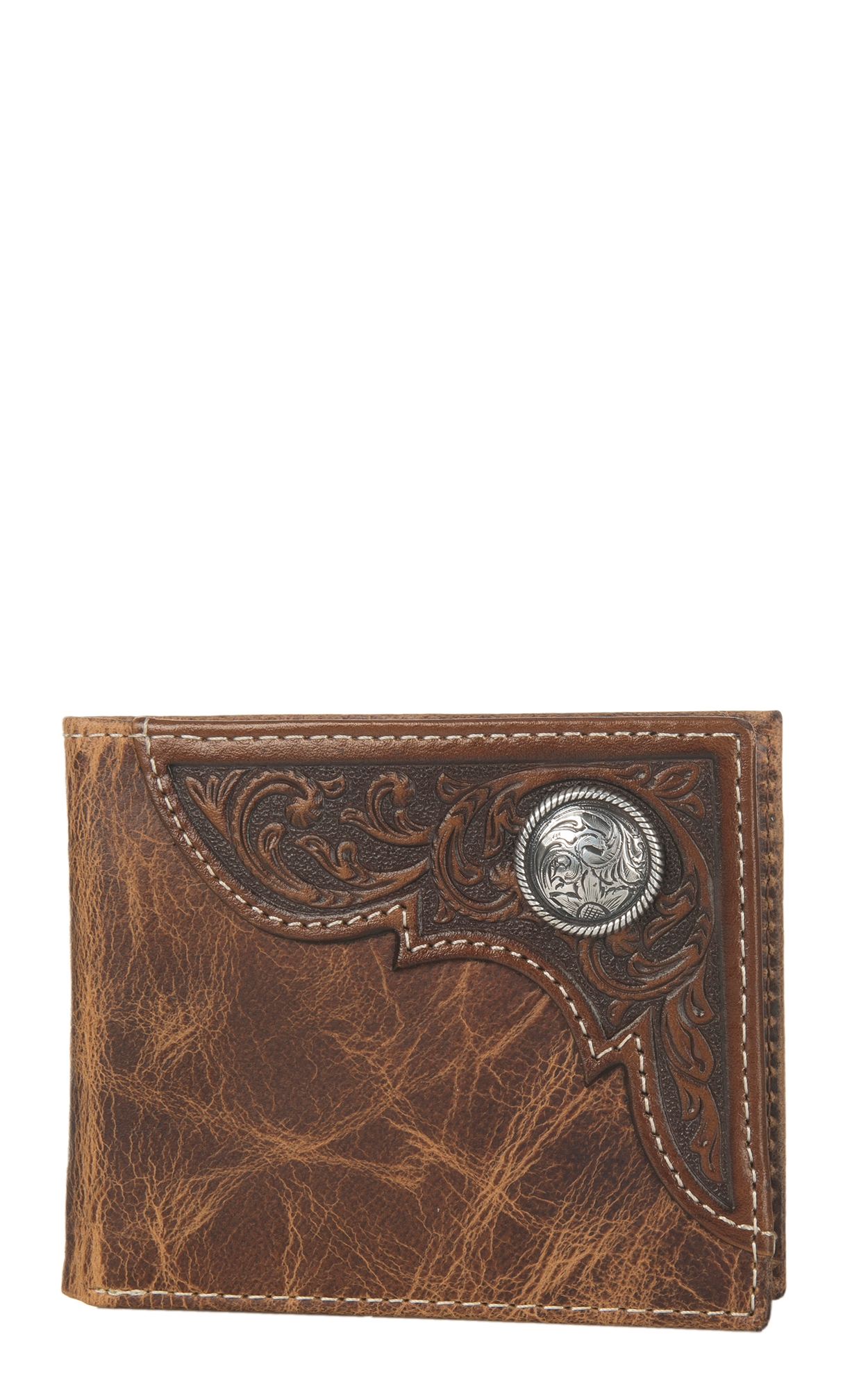 Ariat Distressed Brown Tooled Overlay Bi-Fold Wallet - Image 1