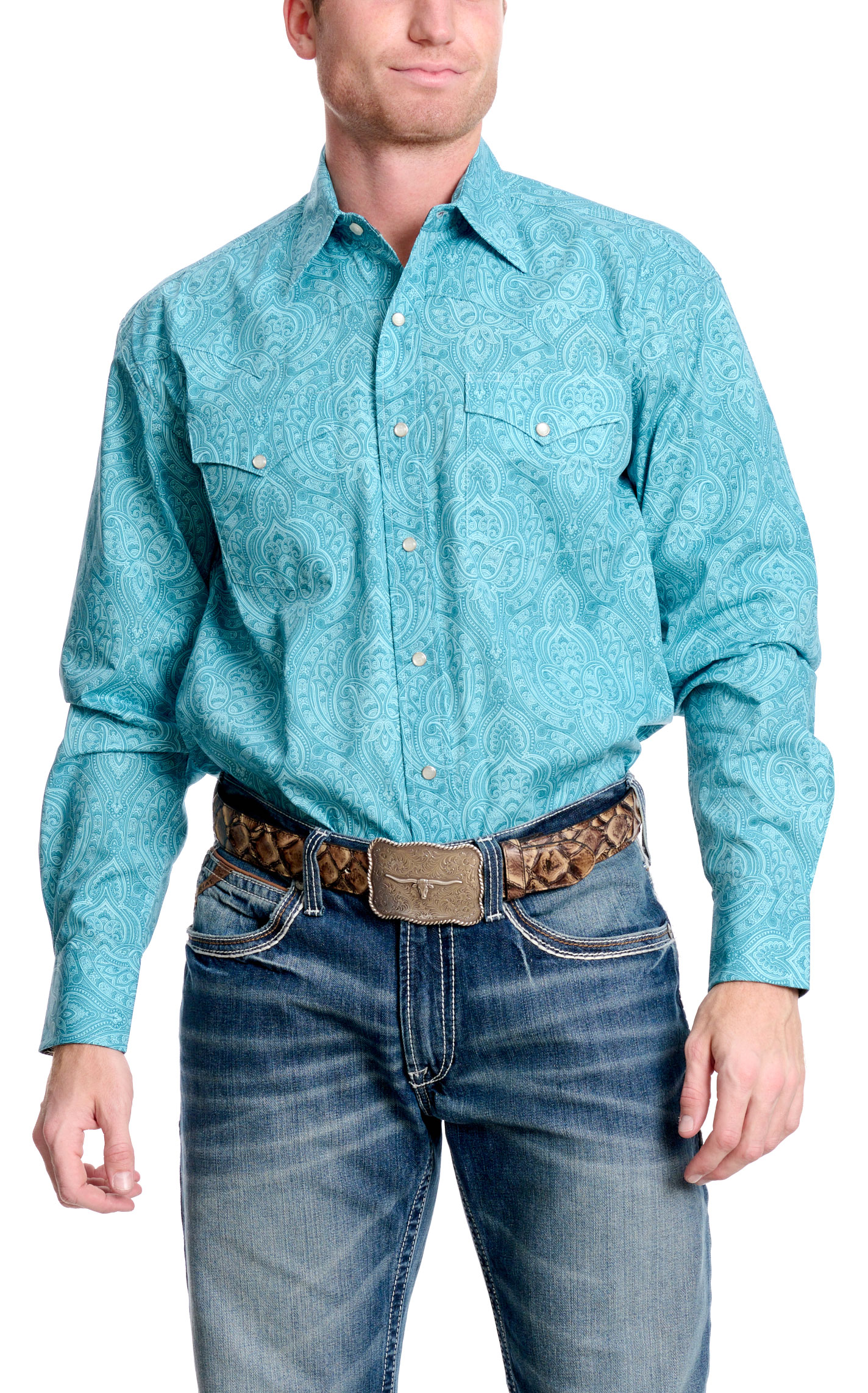 Stetson Men's Turquoise & Sky Wallpaper Print Western Shirt - Image 1