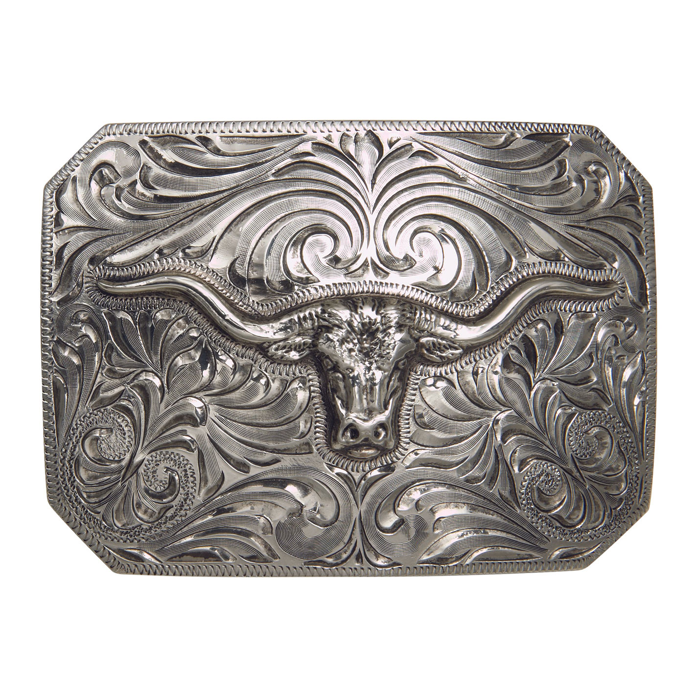 AndWest Silver Longhorn Etched Belt Buckle - Image 1