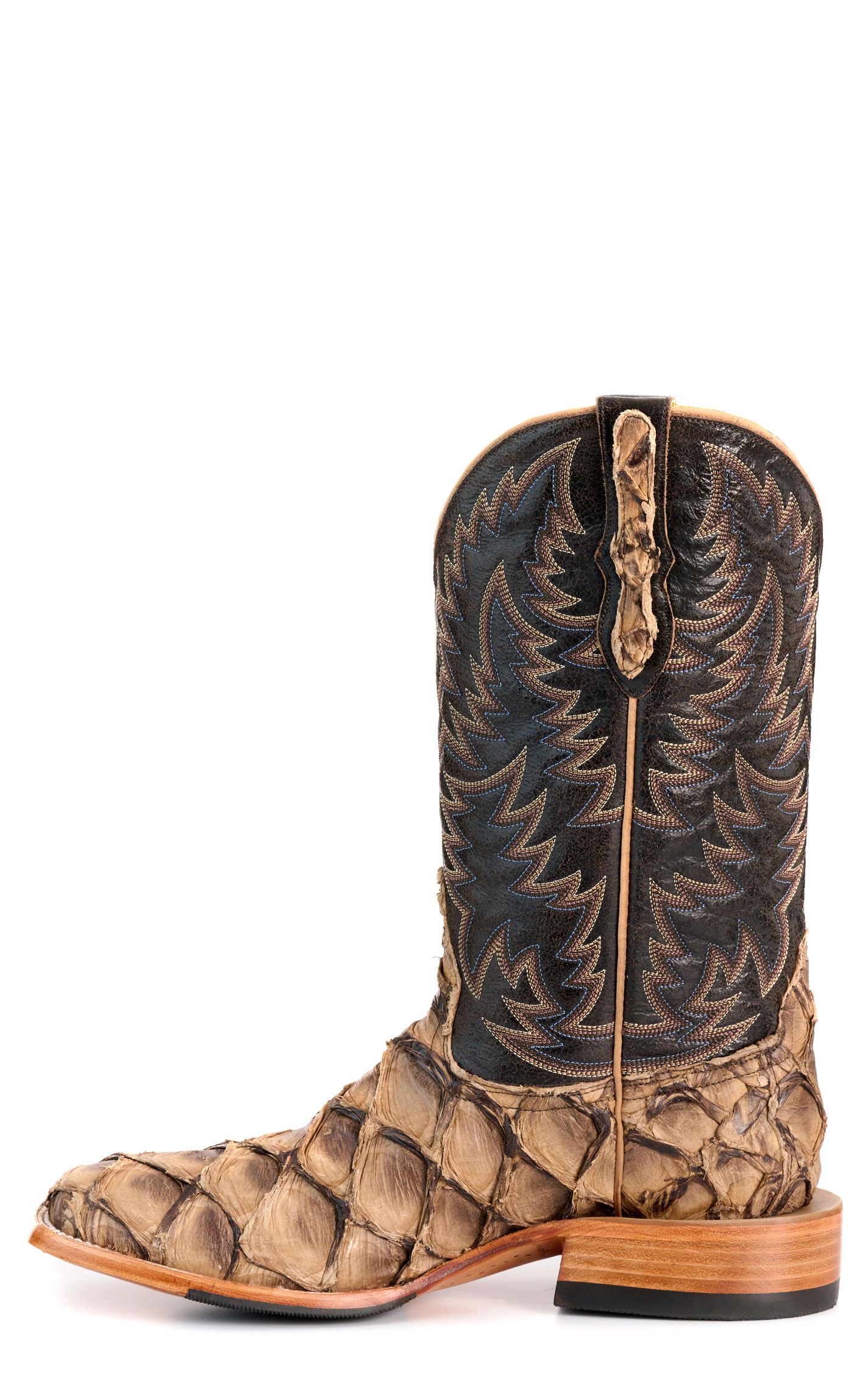 Cavender’s Men’s Chocolate and Coffee Pirarucu and Leather Wide Square Toe Exotic Cowboy Boots - Image 1