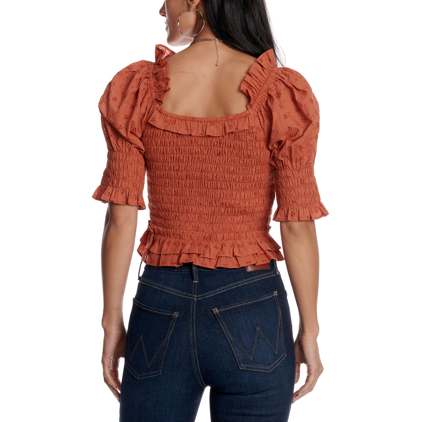 Rockin' C Women's Rust Smocked Eyelet Crop Top - Image 1