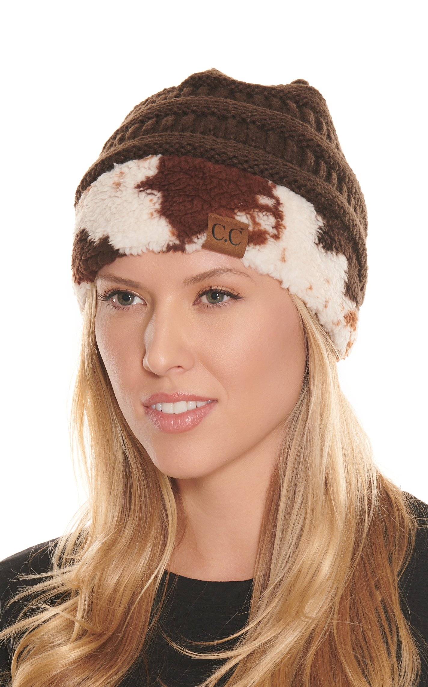 C.C. Brands Women's Brown with Fleece Cow Print Knit Beanie - Image 1