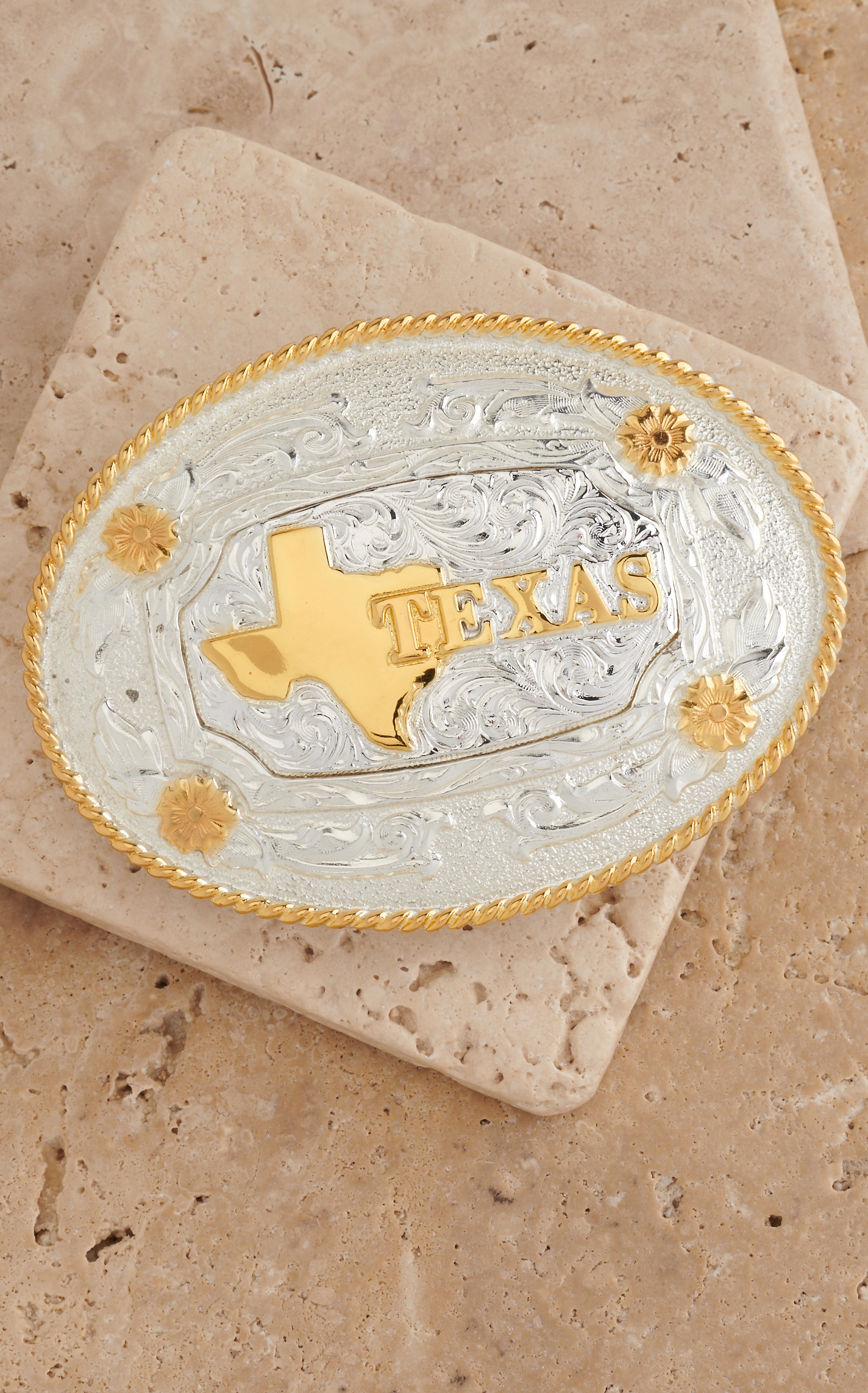AndWest Shiny Silver with Gold Rope Edge Gold Floral and Texas Oval Belt Buckle - Image 1