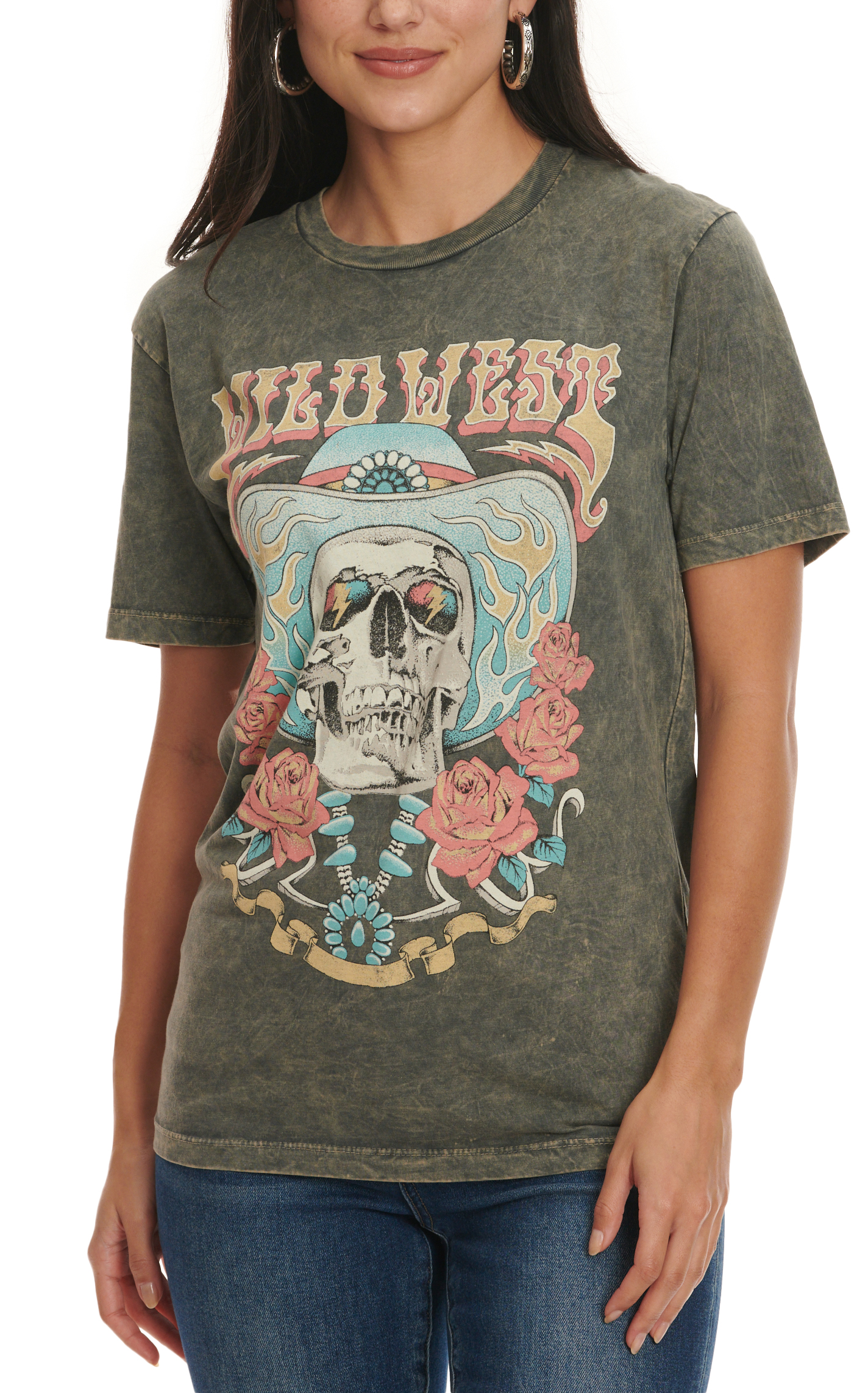 Lotus Fashion Women's Mossy Stone Colorful Wild West Logo Graphic Short Sleeve T-Shirt - Image 3