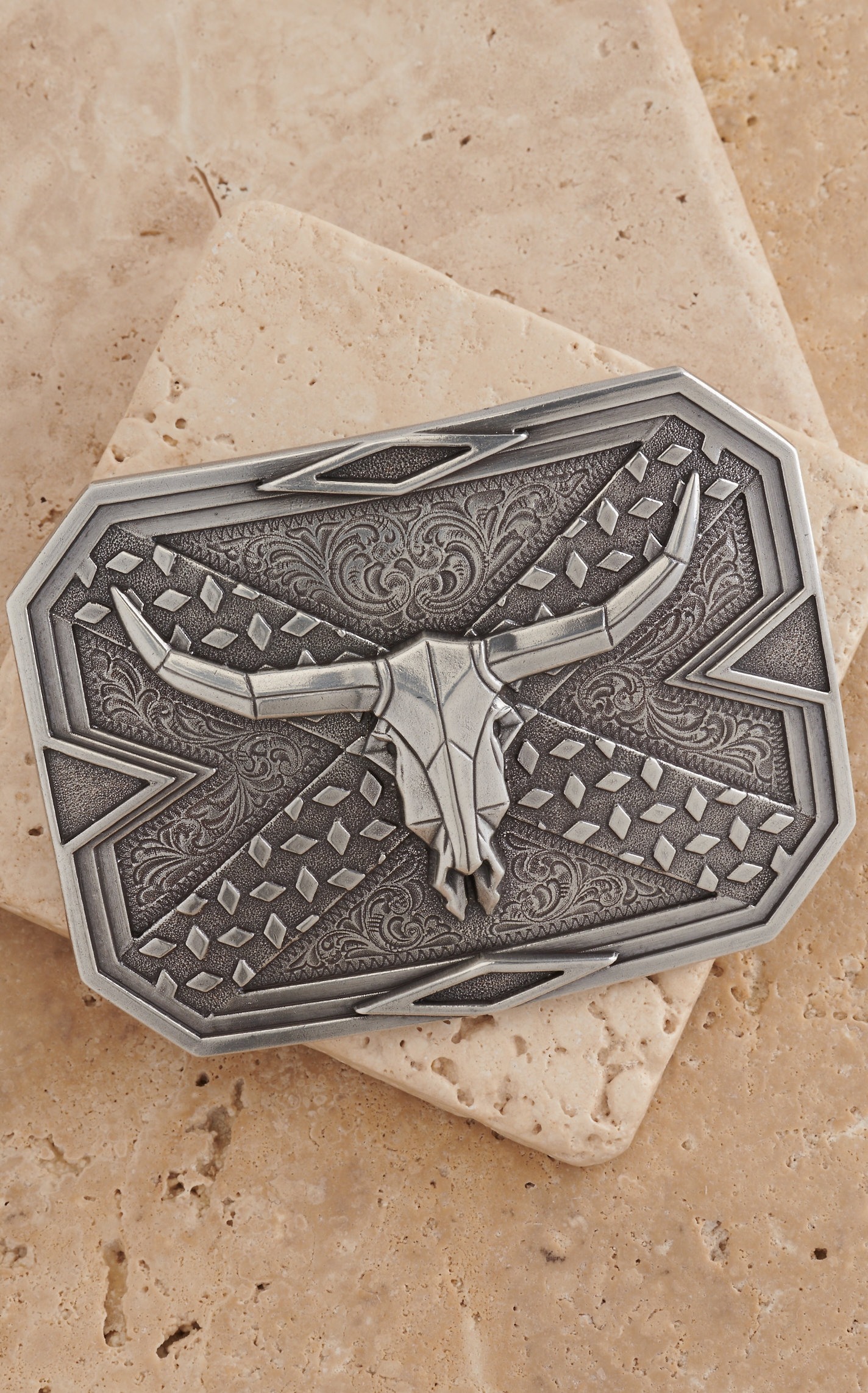 Nocona Silver Steer Head Skull Diamond Rectangle Belt Buckle - Image 1