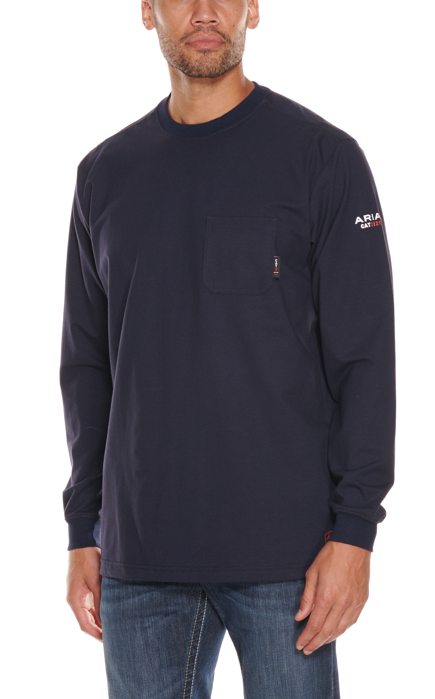 Ariat Men's Navy with USA Flag Logo Down Back Long Sleeve FR T-Shirt - Image 1