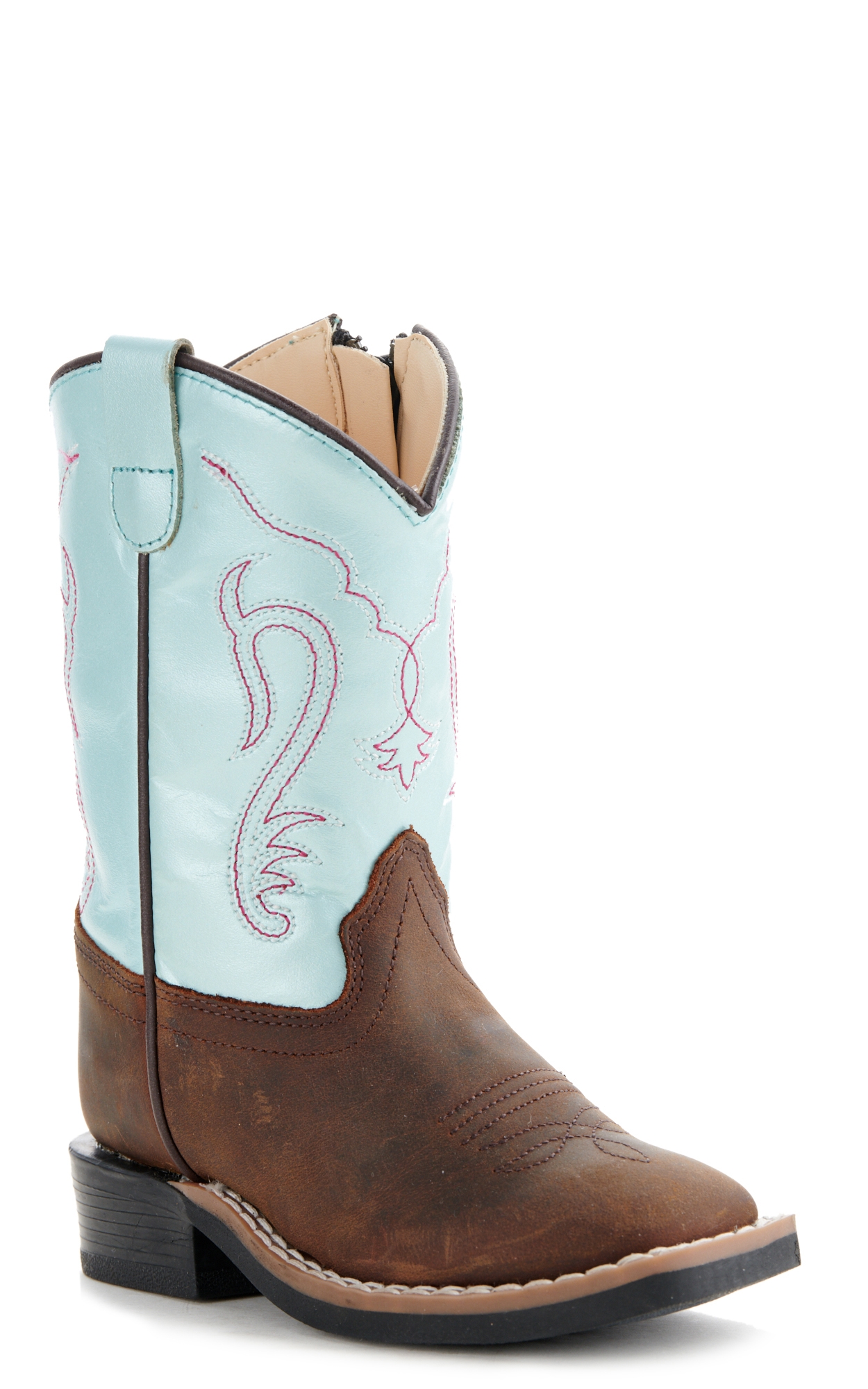 Old West Toddler Brown and Irrid Blue Square Toe Cowboy Boots - Image 1