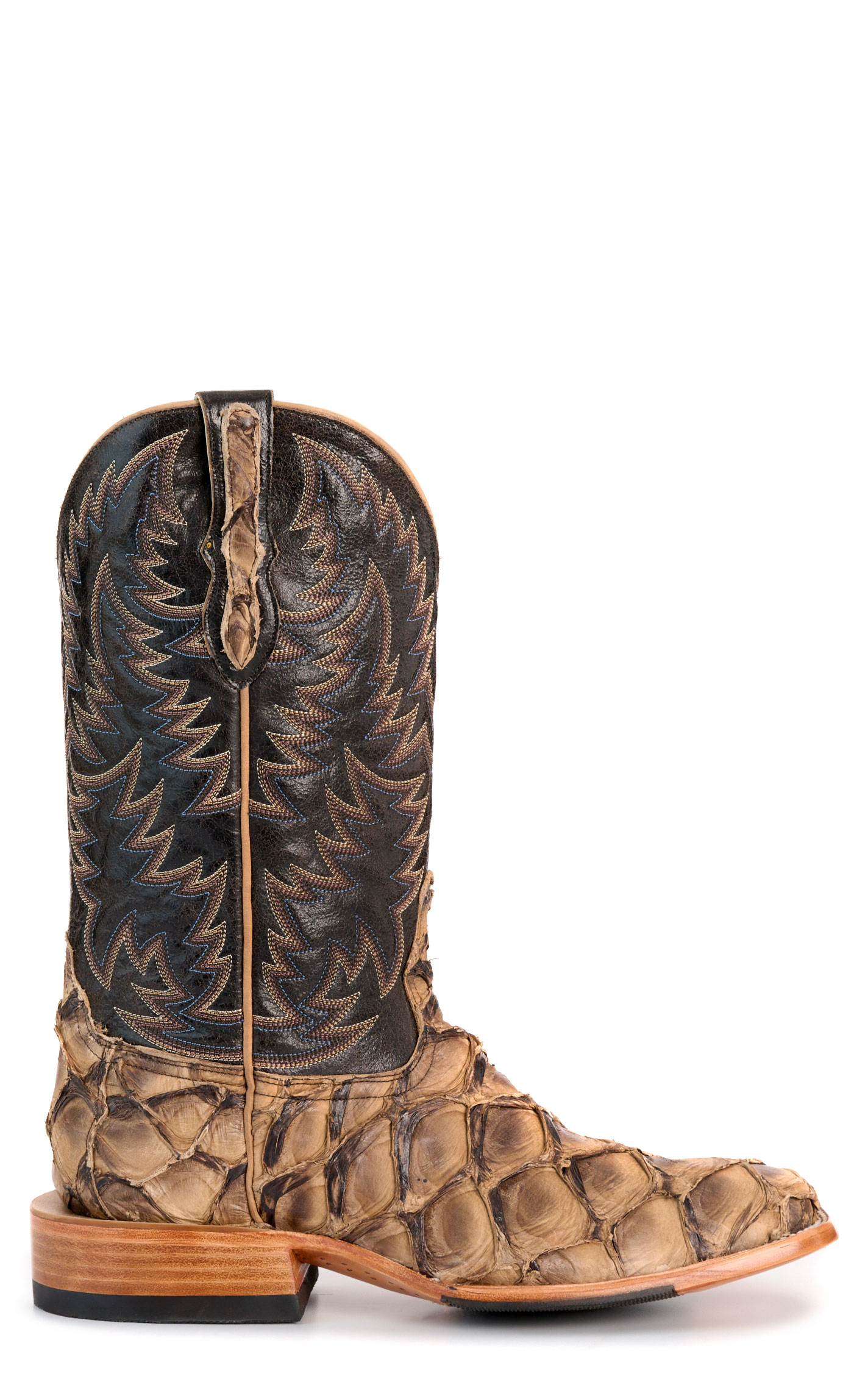 Cavender’s Men’s Chocolate and Coffee Pirarucu and Leather Wide Square Toe Exotic Cowboy Boots - Image 1