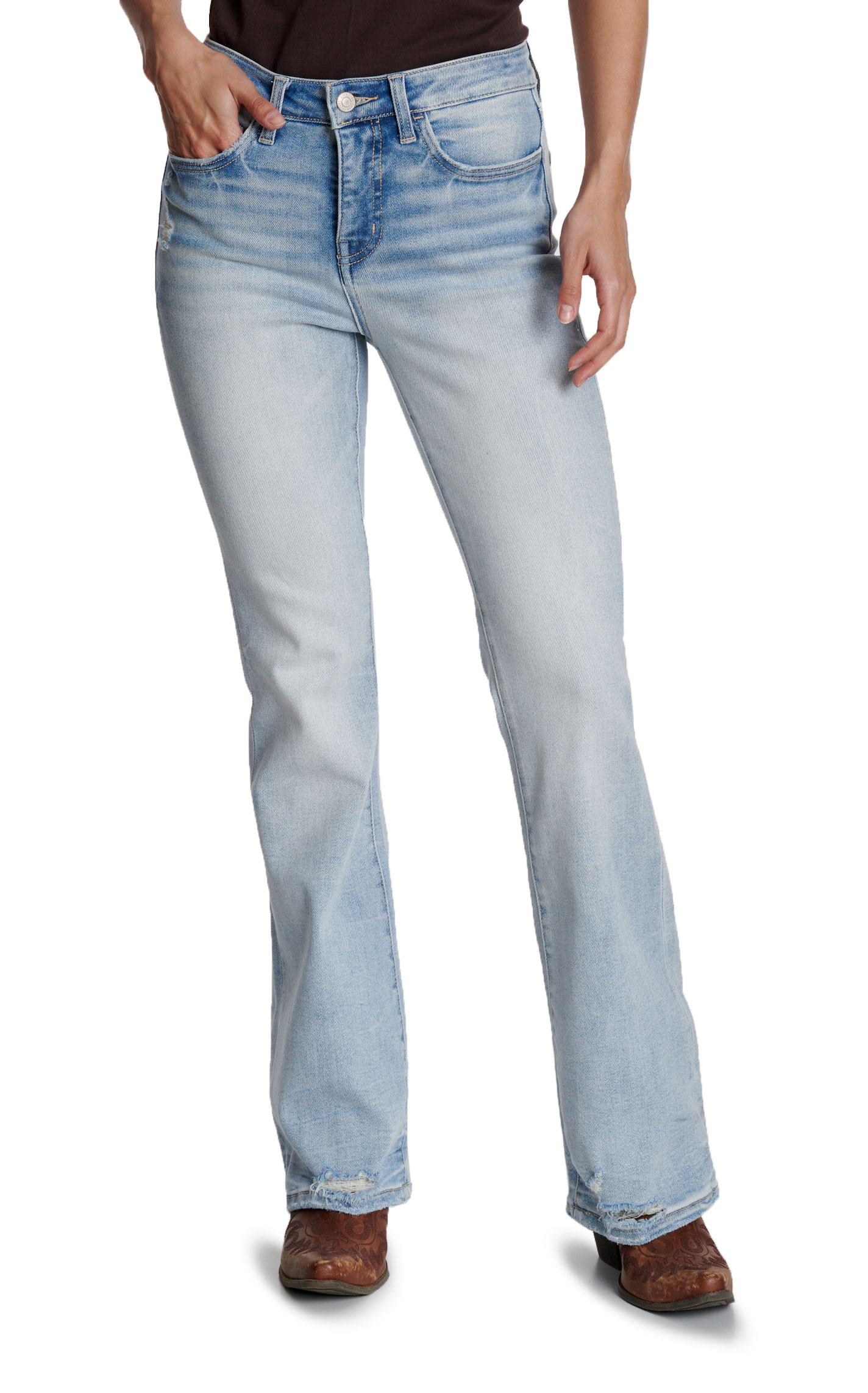 Lovervet Women's Light Wash Mid Rise Distressed Hem Bootcut Jeans - Image 1