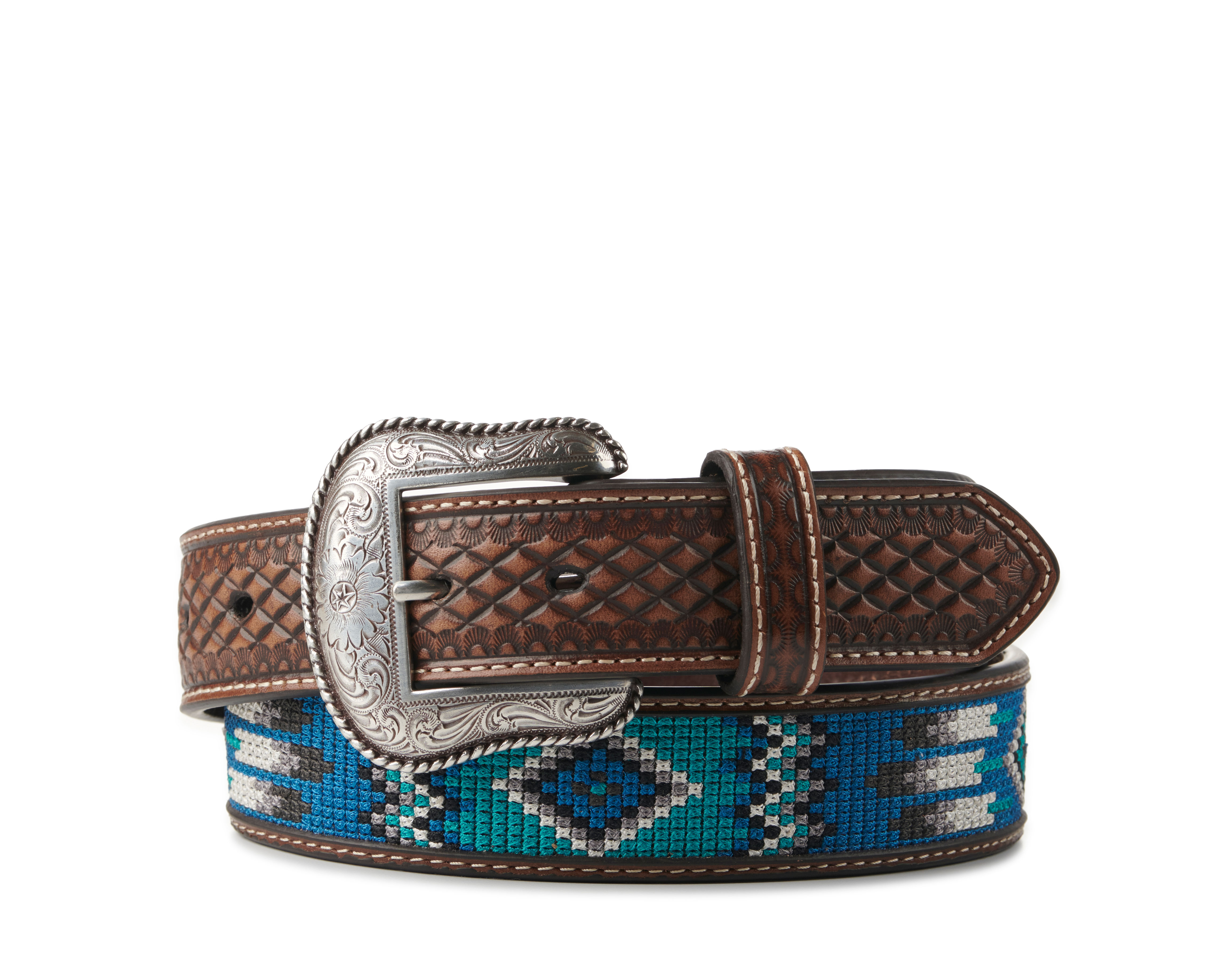 Ariat Men's Brown with Blue and Turquoise Aztec Embroidery Leather Western Belt - Image 1