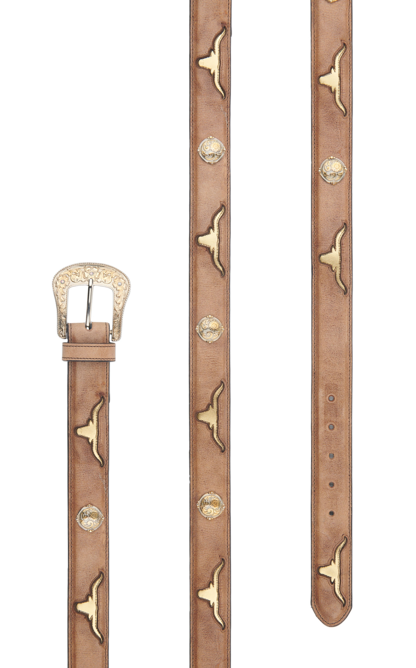 Cavender's Women's Taupe with Gold Longhorn Inlays and Conchos Belt - Image 1