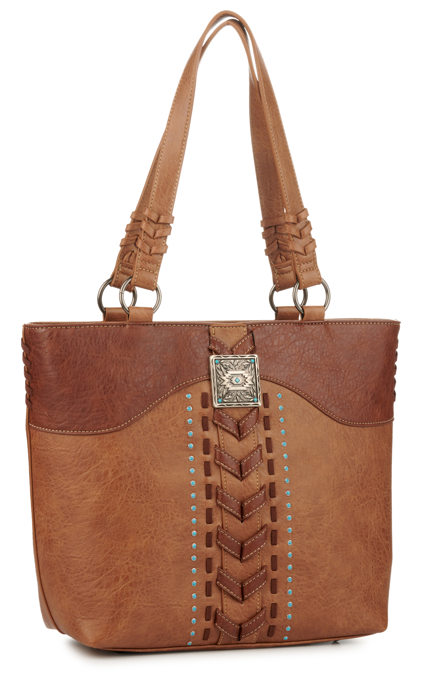 Justin Pecan & Caramel Genuine Leather Chevron Stitch Etched Square Concho Tote Bag - Image 1