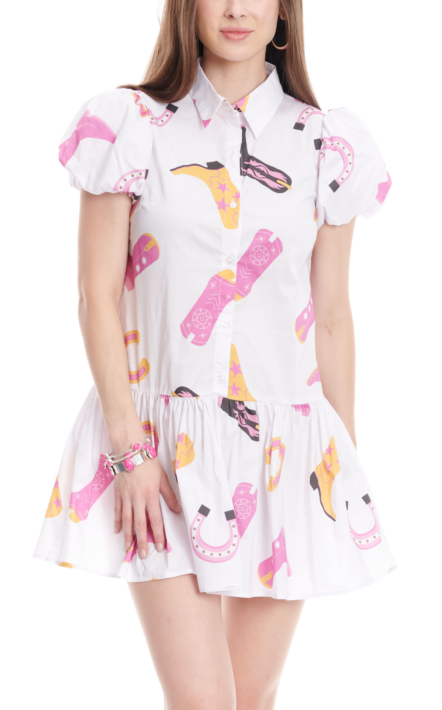Mainstrip Women's White & Fun Colorful Boot Print Short Puff Sleeve Dress - Image 1