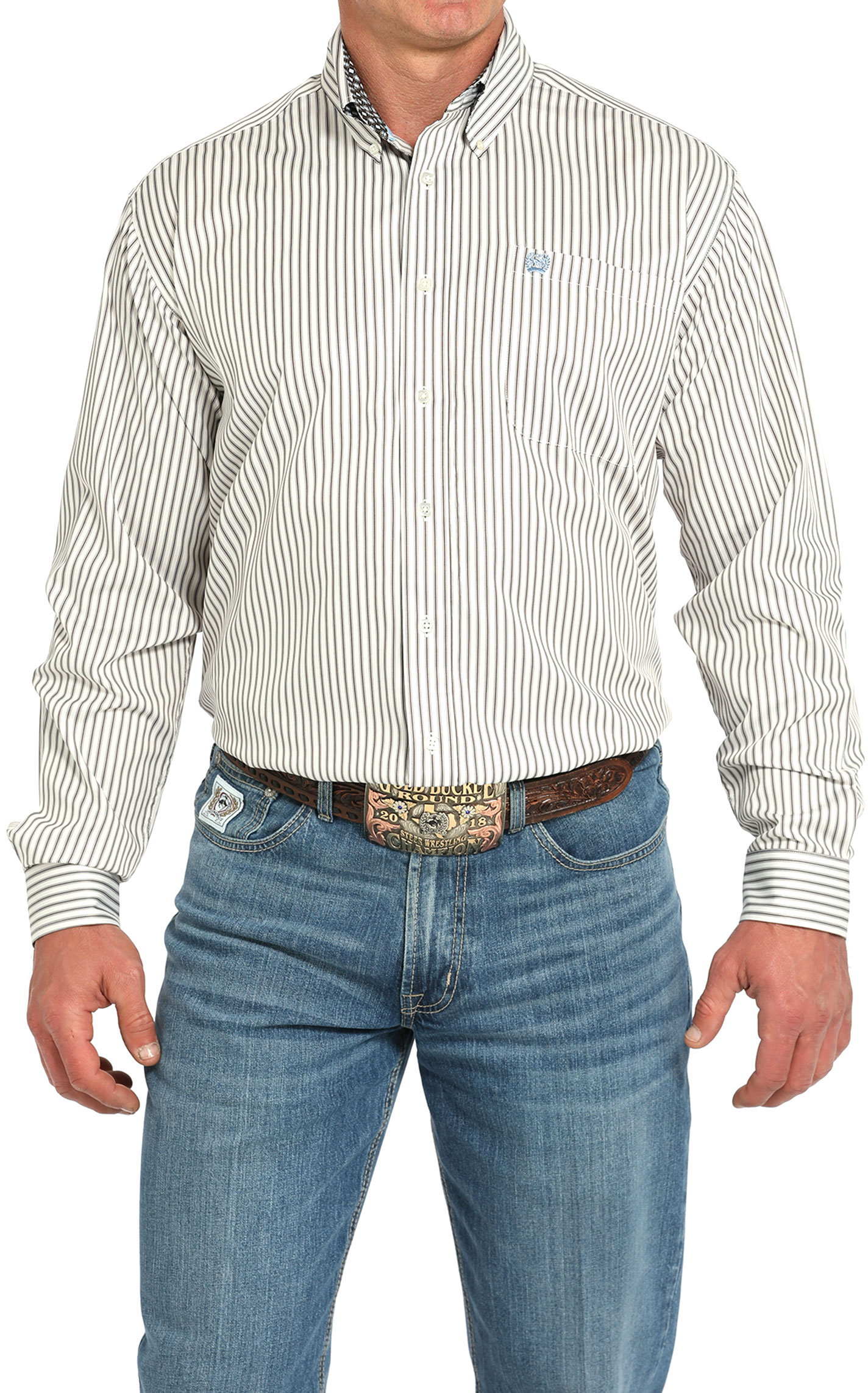 Cinch Men's Tencel™ Cream & Gray Striped Button Down Shirt - Image 1