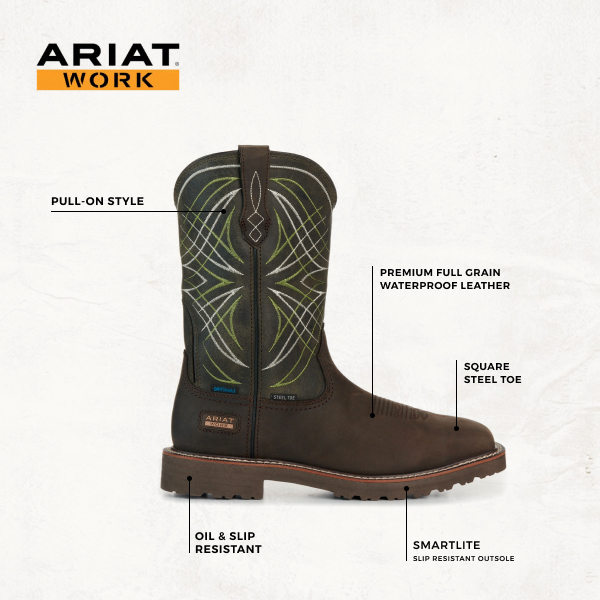 Ariat Men’s Dark Brown and Moss Green Activator Waterproof Wide Square Steel Toe Work Boots - Image 1