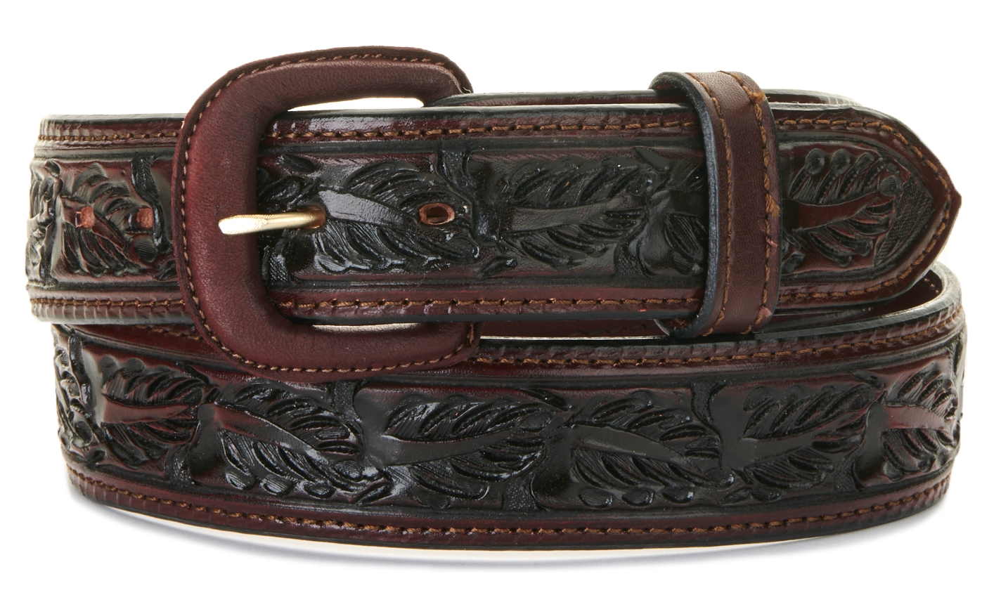 Vogt Men's Saddle Brown Over Under Leaf Tooled Western Belt - Image 1