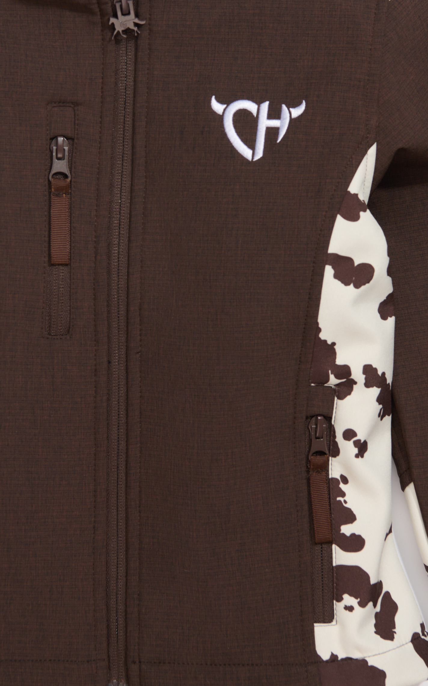 Cowgirl Hardware Girl's Chocolate & Cream Cow Print Softshell Jacket - Image 1