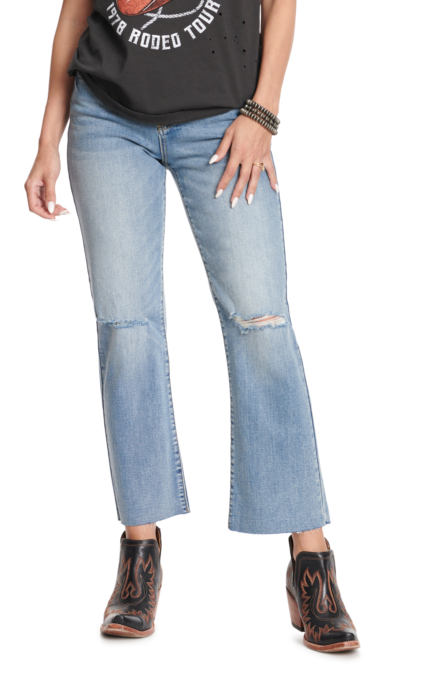 Sneak Peek Women's Light Wash High Rise Straight Leg Distressed Knee Jeans - Image 1