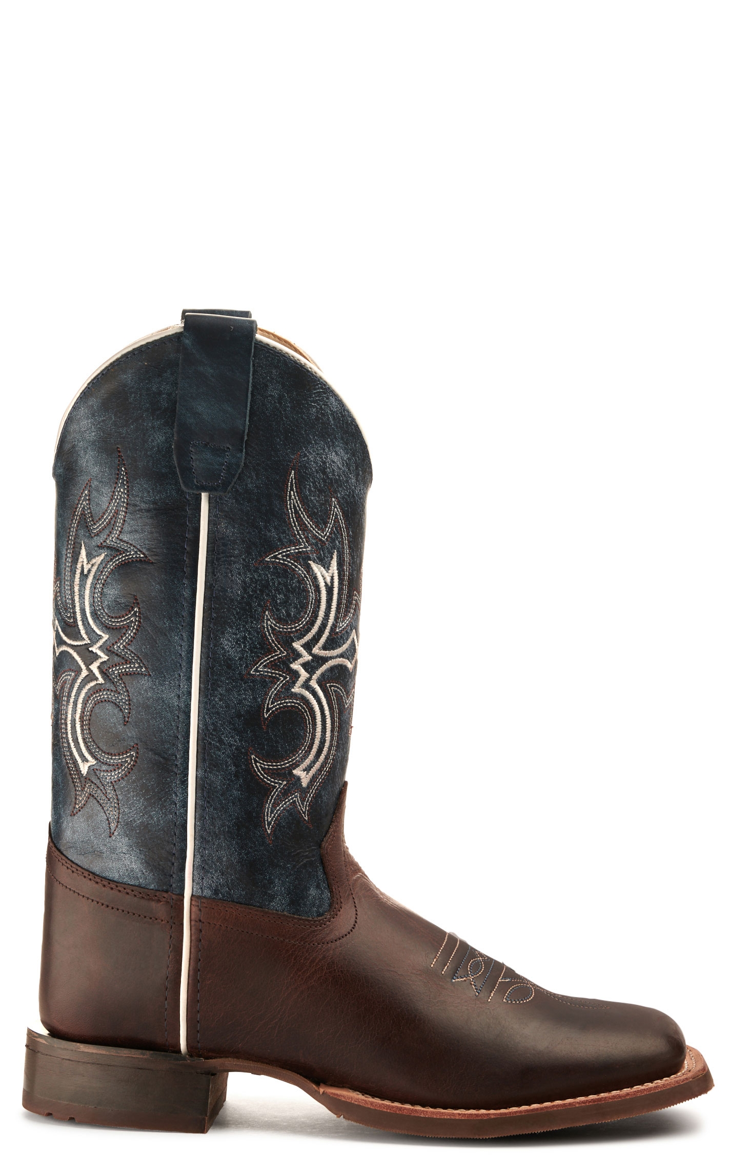 Old West Kids' Dark Brown and Wipe Out Blue Wide Square Toe Cowboy Boot - Image 1