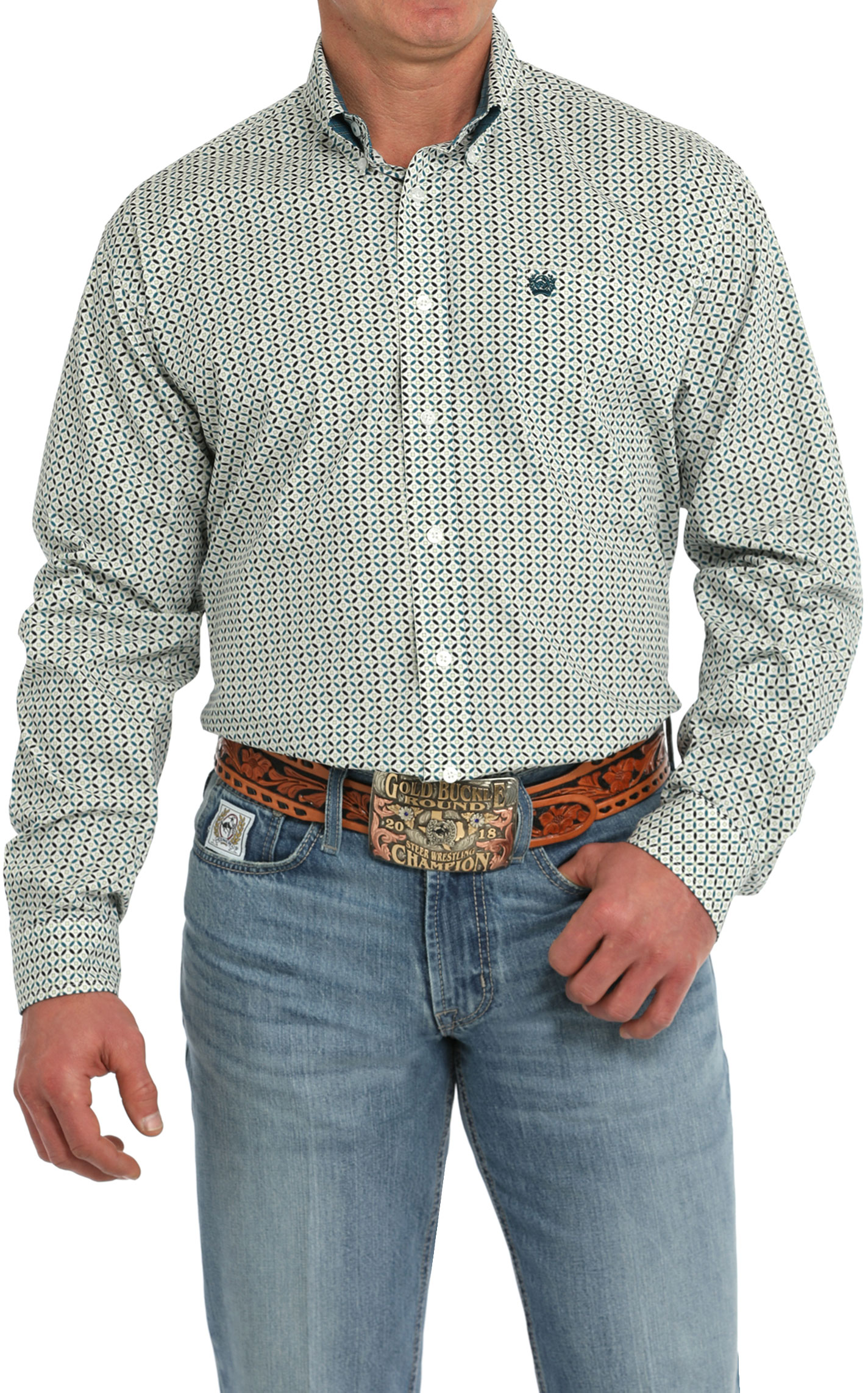 Cinch Men's White & Teal Geo Western Shirt - Image 1