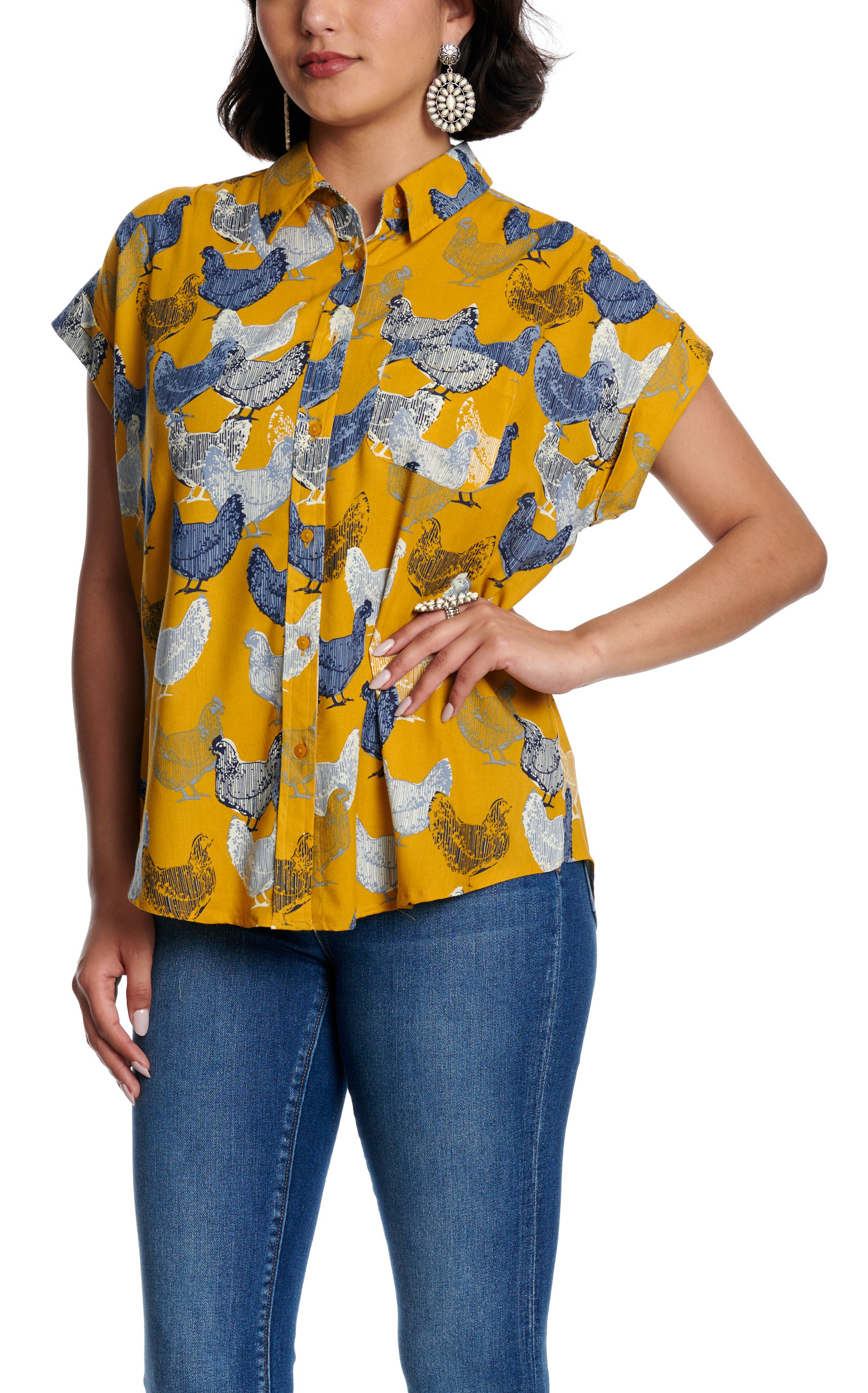Cotton & Rye Women's Caramel Hen Print Button Up Top - Image 1