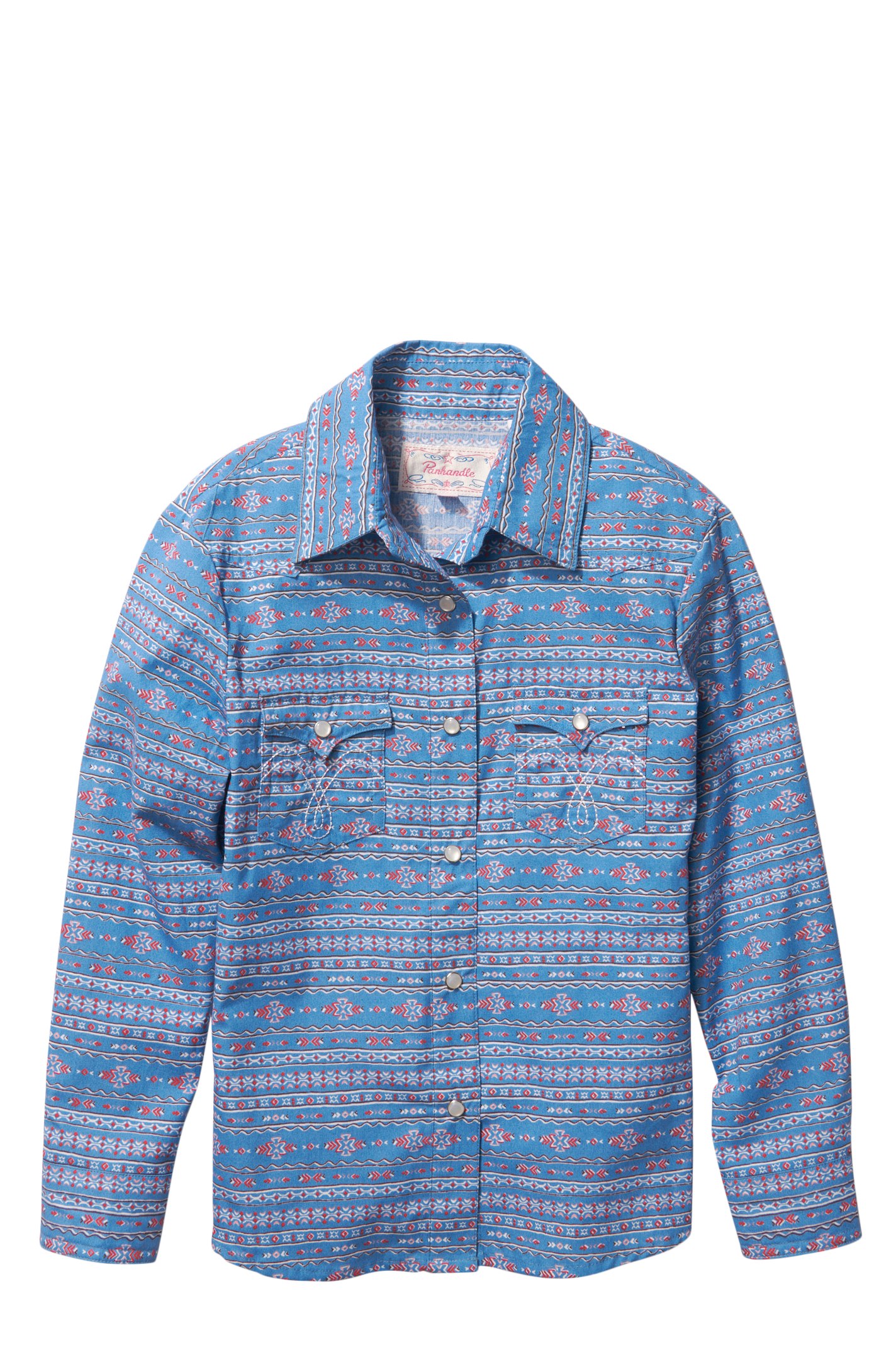 Panhandle Girl's Cornflower Blue with Colorful Floral Aztec Print Long Sleeve Western Shirt - Image 1