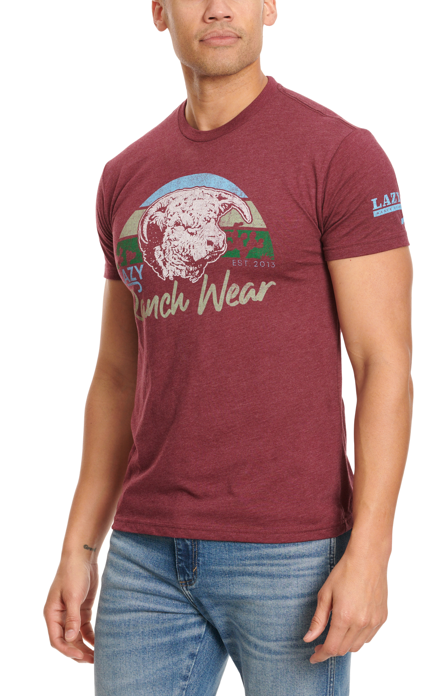 Lazy J Men's Maroon Circular Bull Logo Graphic Short Sleeve T-Shirt - Image 1