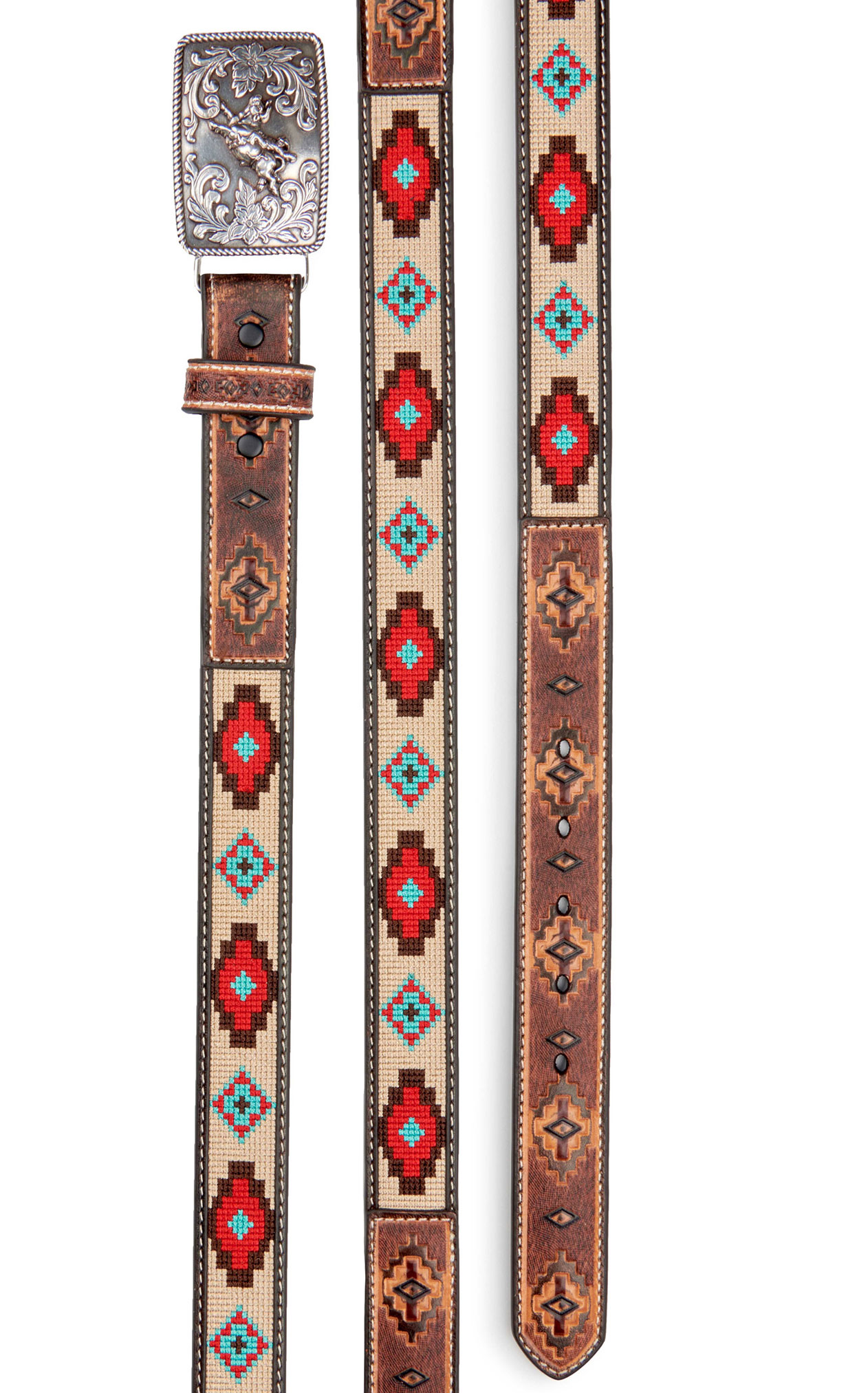 3D Belt Company Boys' Brown with Aztec Stitching and Western Buckle Belt - Image 1