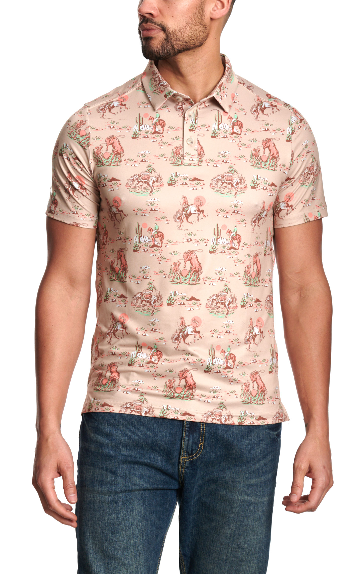Burlebo Men's Khaki Cowboy Print Performance Polo   - Image 1