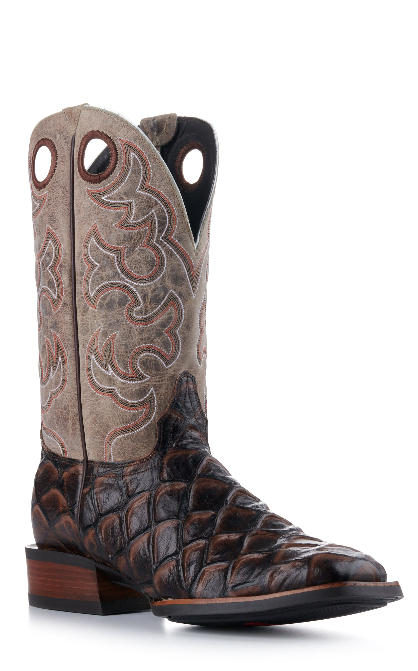 Cavender's Men's Intrepid Medium Brown Pirarucu Print and Oryx Wide Square Toe Cowboy Boots - Image 1