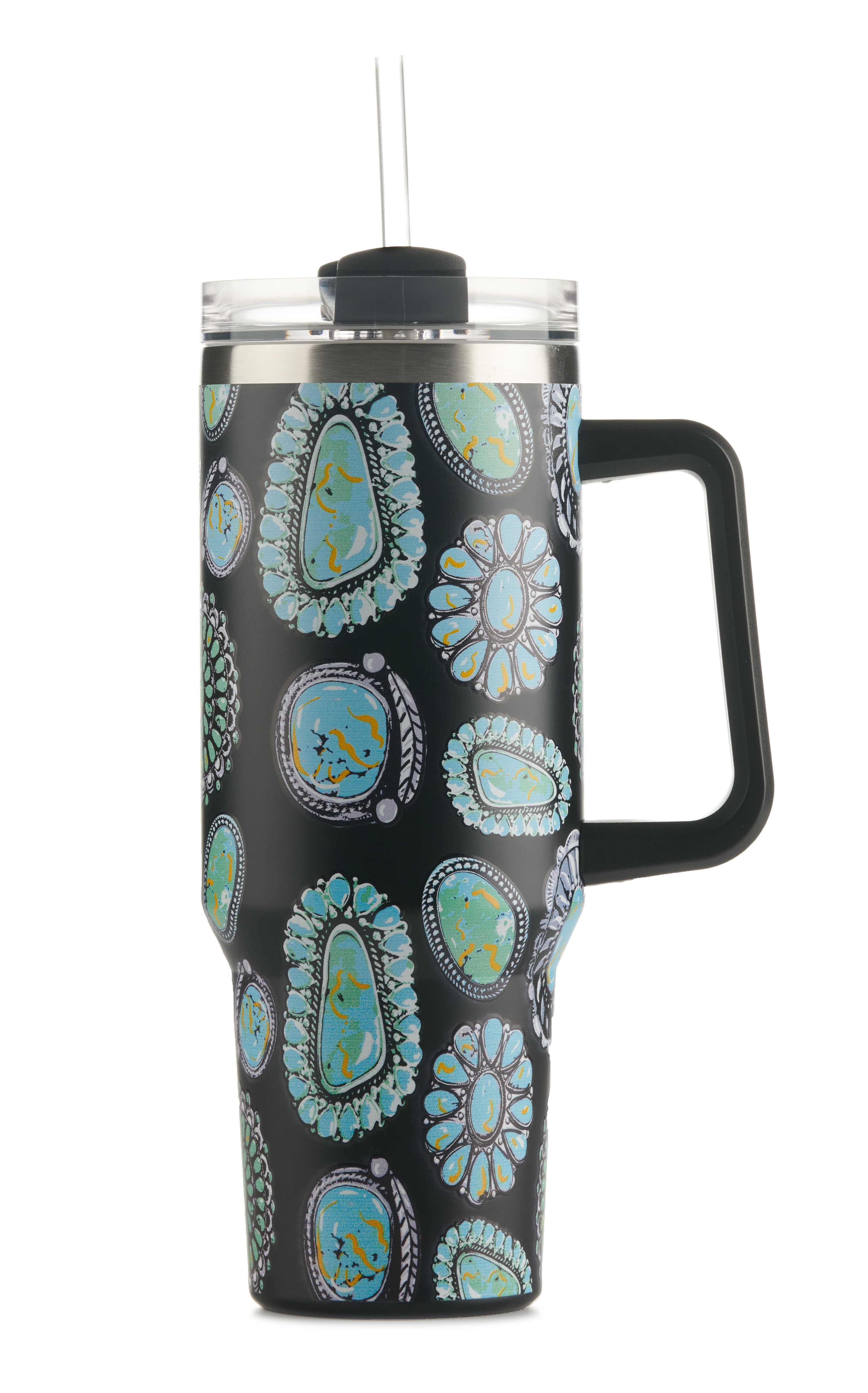 Girlie Girl Originals Black Turquoise Conchos Print 40 oz. Handled Morgan Tumbler - Image 1
