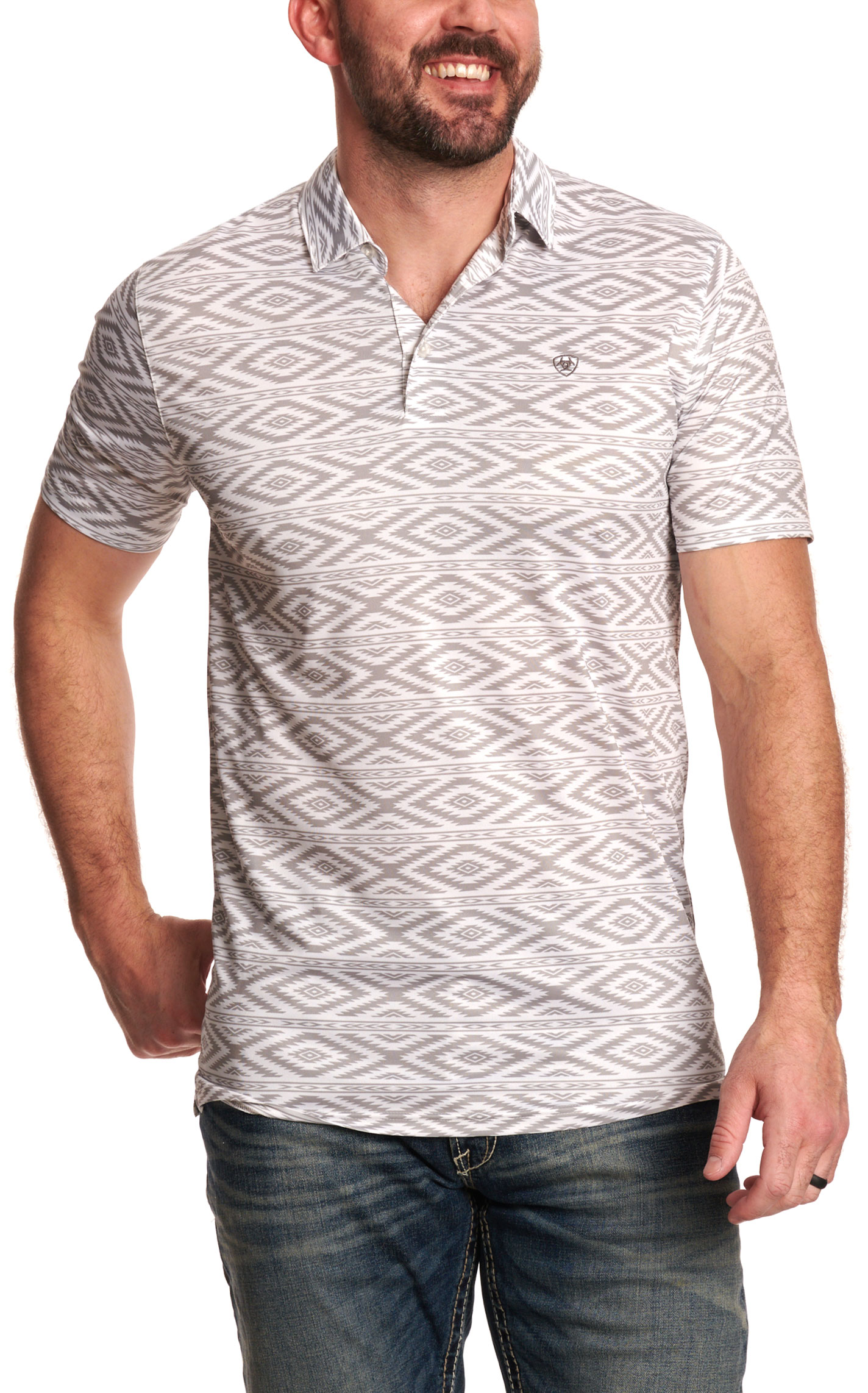 Ariat Men's White & Gray Aztec Print Polo - Image 1