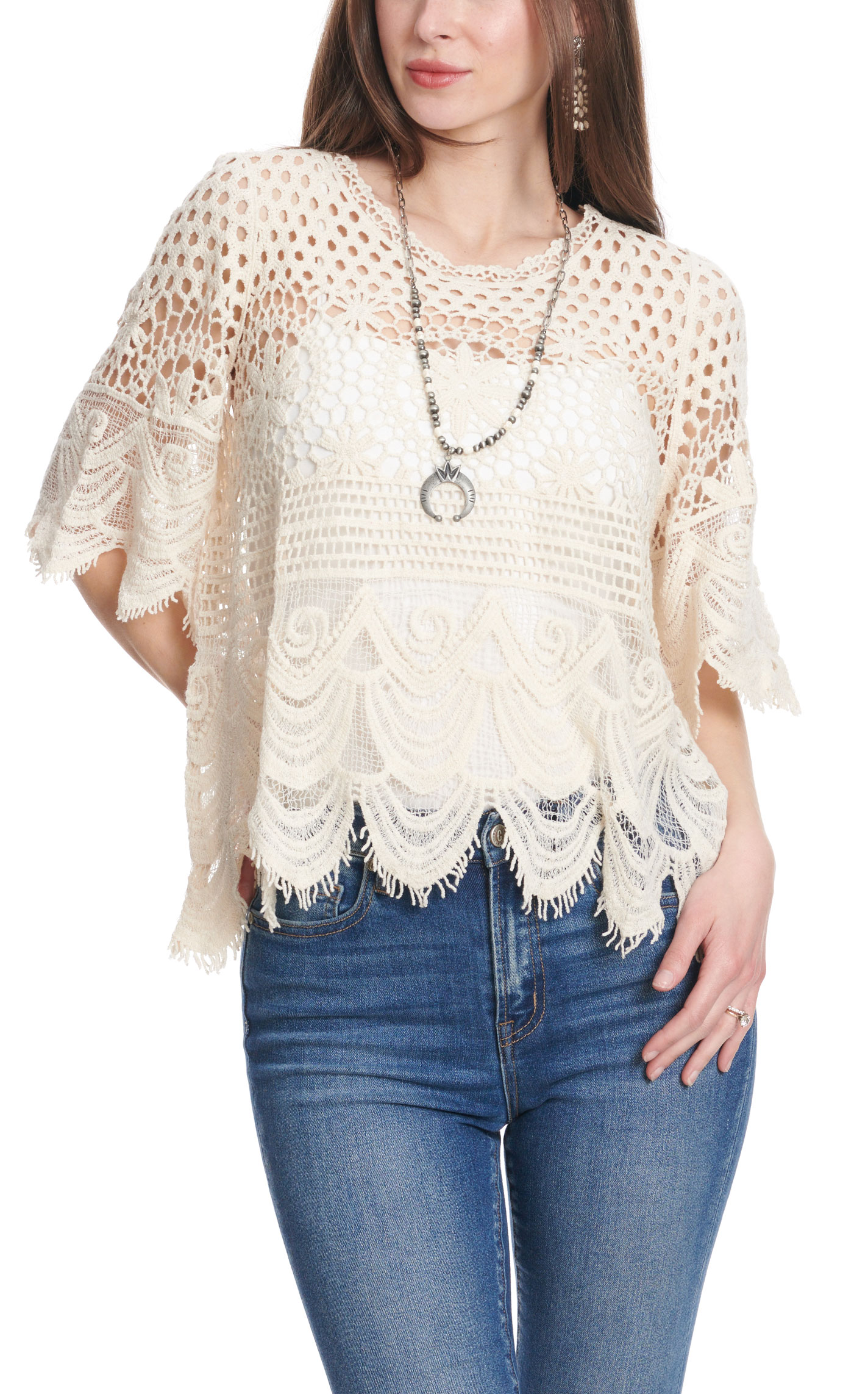 Montana Co. Women's Cream Crochet Shark-Bite Hem Top - Image 1
