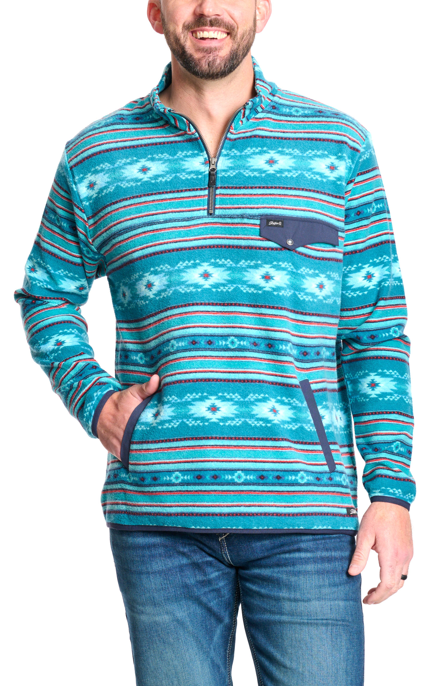 Rafter C Men's Red Dirt Collection Turquoise Aztec 1/4 Zip Pullover - Image 1